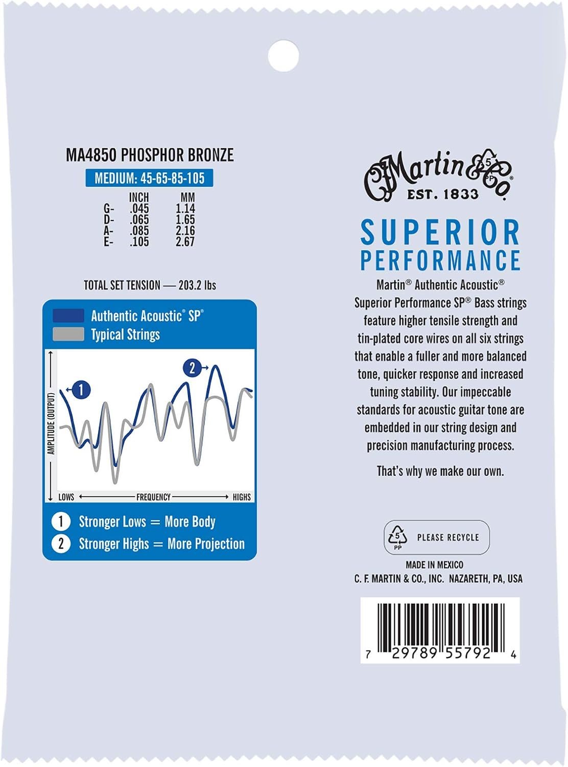 Martin Authentic Acoustic® SP® Bass Strings – Phosphor Bronze, Medium Gauge | Long-Lasting Tone, Corrosion Resistance & Tuning Stability | 4-String Acoustic Bass Set