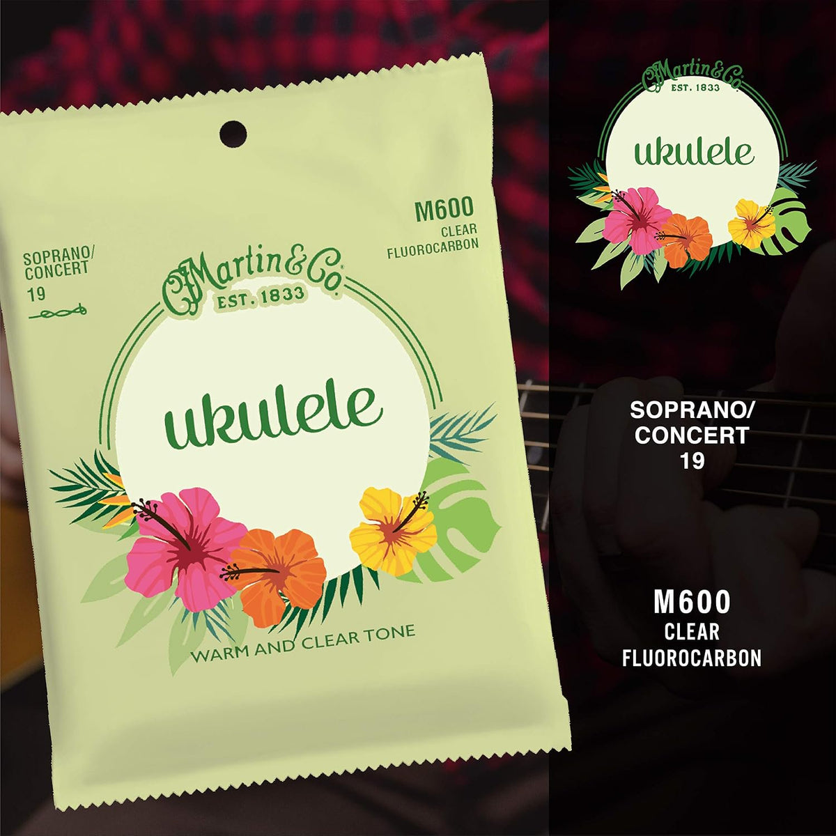 Martin Ukulele Strings – Fluorocarbon, Soprano/Concert Gauge | Warm, Clear Tone with Long-Lasting Tuning Stability | 4-String Set for Soprano or Concert Ukulele