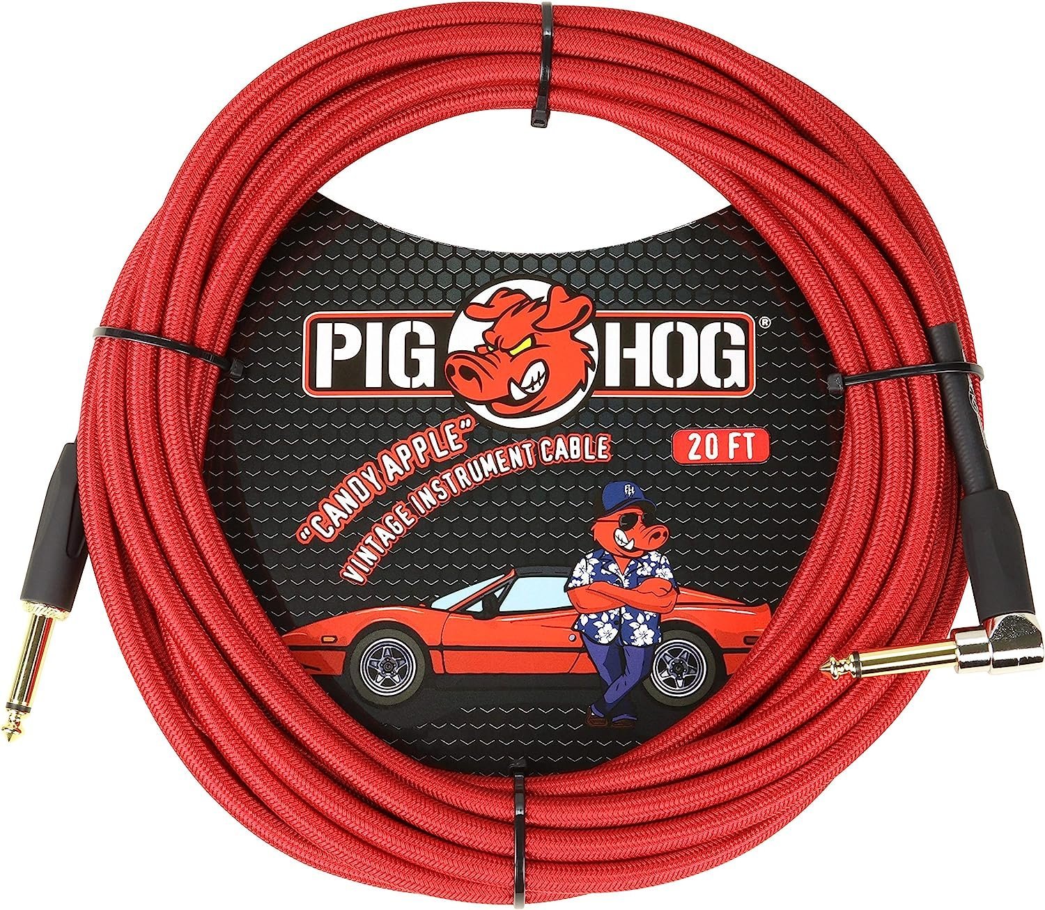 Pig Hog Instrument Cable Candy Apple 1/4' to 1/4' 20 ft.Right Angle, PCH20CAR