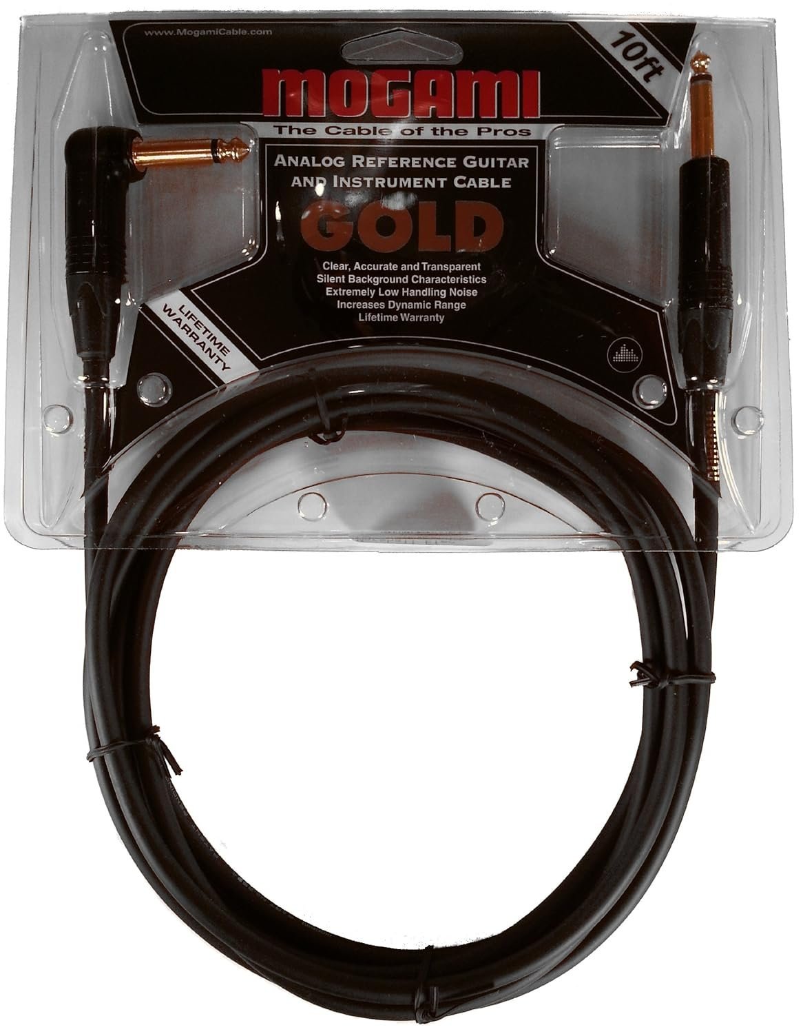 Mogami Gold INSTRUMENT-10R Guitar Instrument Cable, 1/4" TS Male Plugs, Gold Contacts, Right Angle and Straight Connectors, 10 Foot