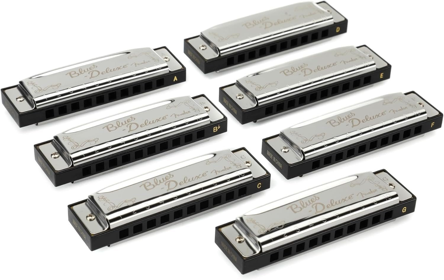 Fender Blues Deluxe Harmonica, Pack of 7 with case (Keys C, G, A, D, F, E, B Flat)