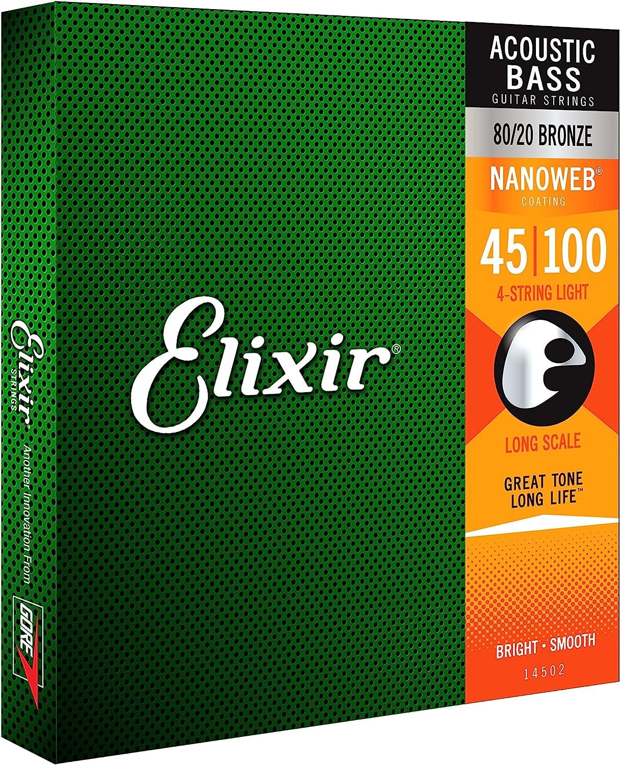 Elixir Strings 80/20 Bronze Acoustic 4-String Bass Strings w NANOWEB Coating, Long Scale, Light (.045-.100)
