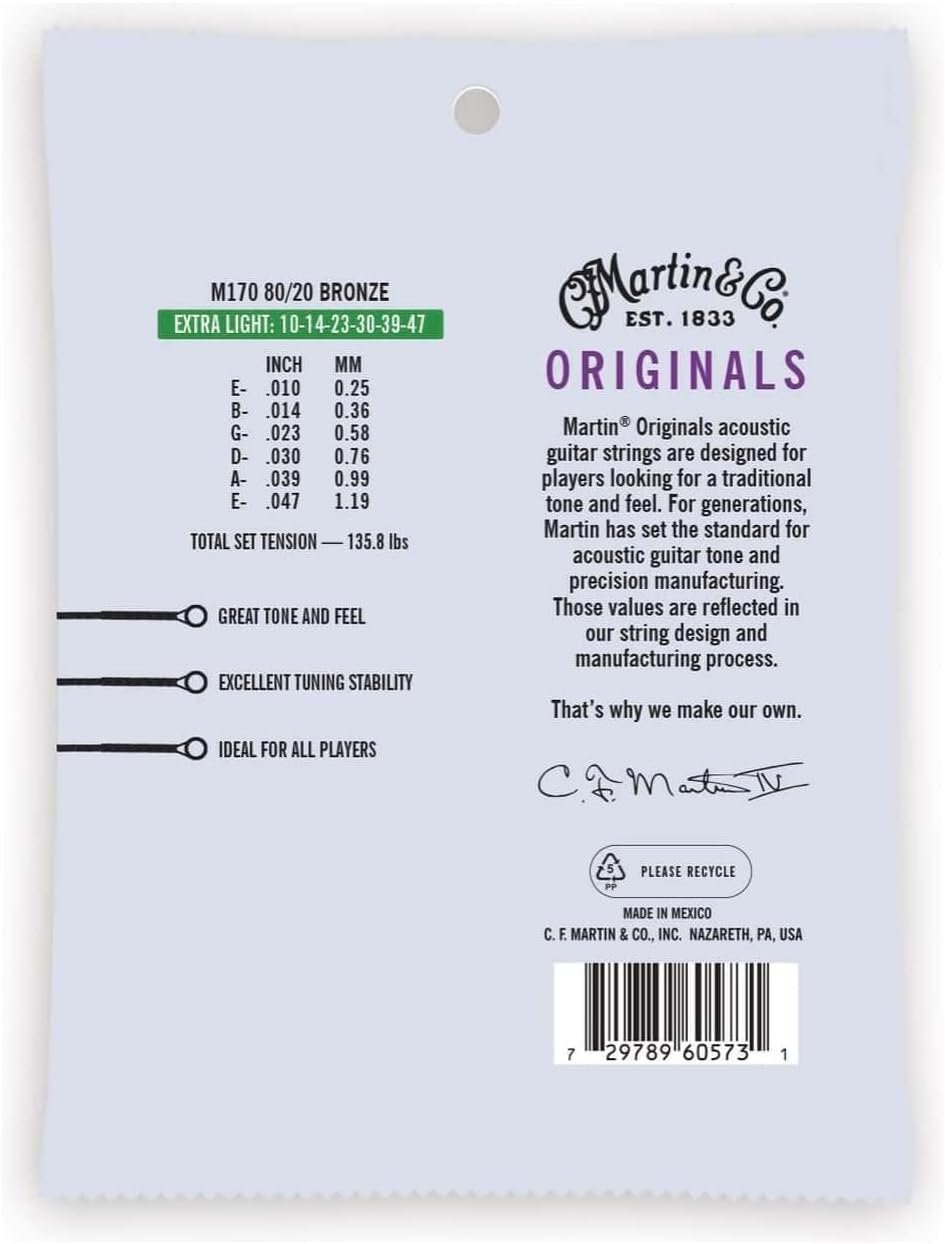 Martin Originals M170 Acoustic Guitar Strings, 80/20 Bronze Extra Light, (41Y20M170)