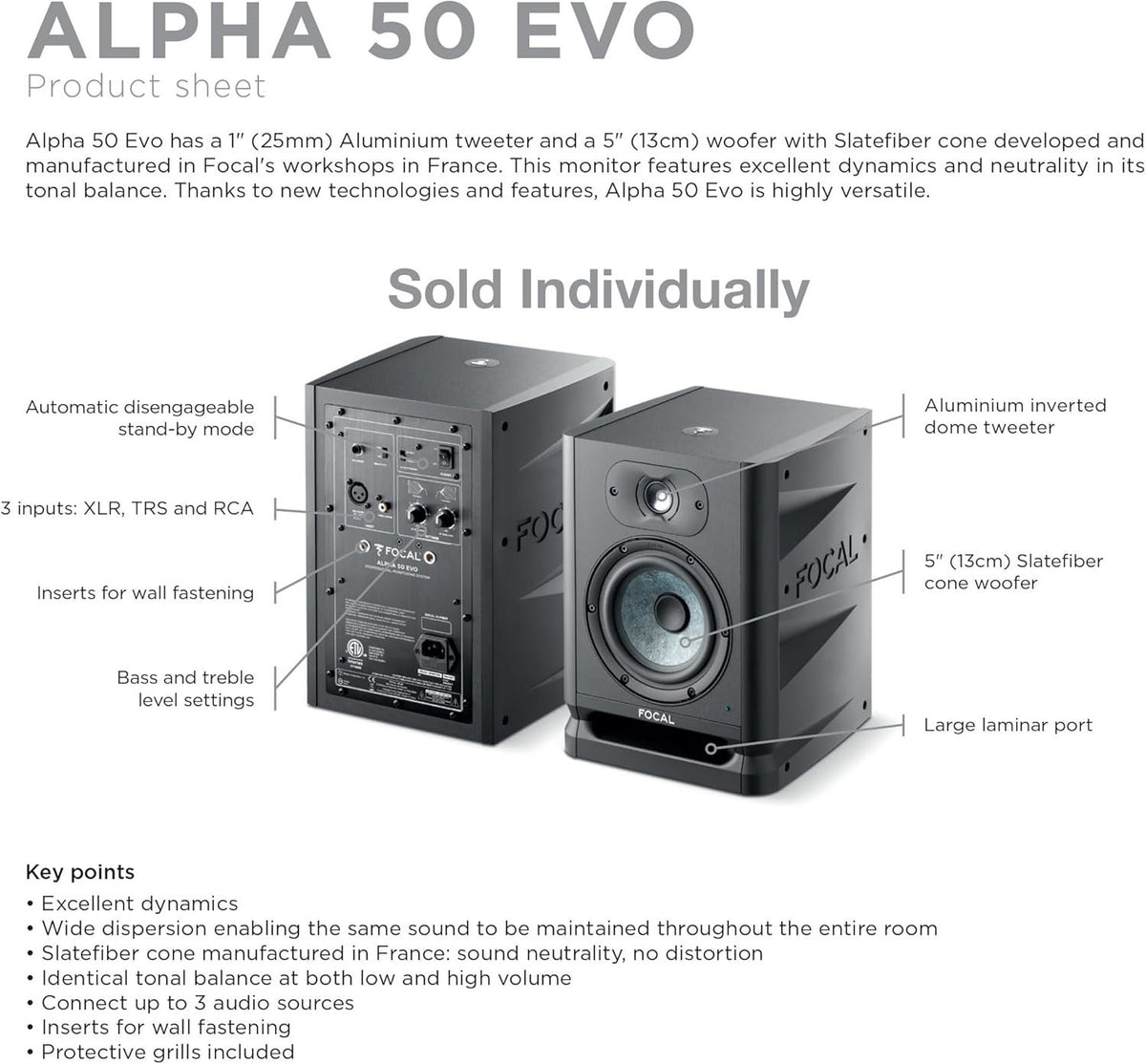 Focal Alpha 50 Evo – 5" Active 2-Way Studio Monitor, 60W RMS Bi-Amp, Slatefiber Woofer, 45Hz–22kHz, Neutral Nearfield Reference Speaker – Sold Individually