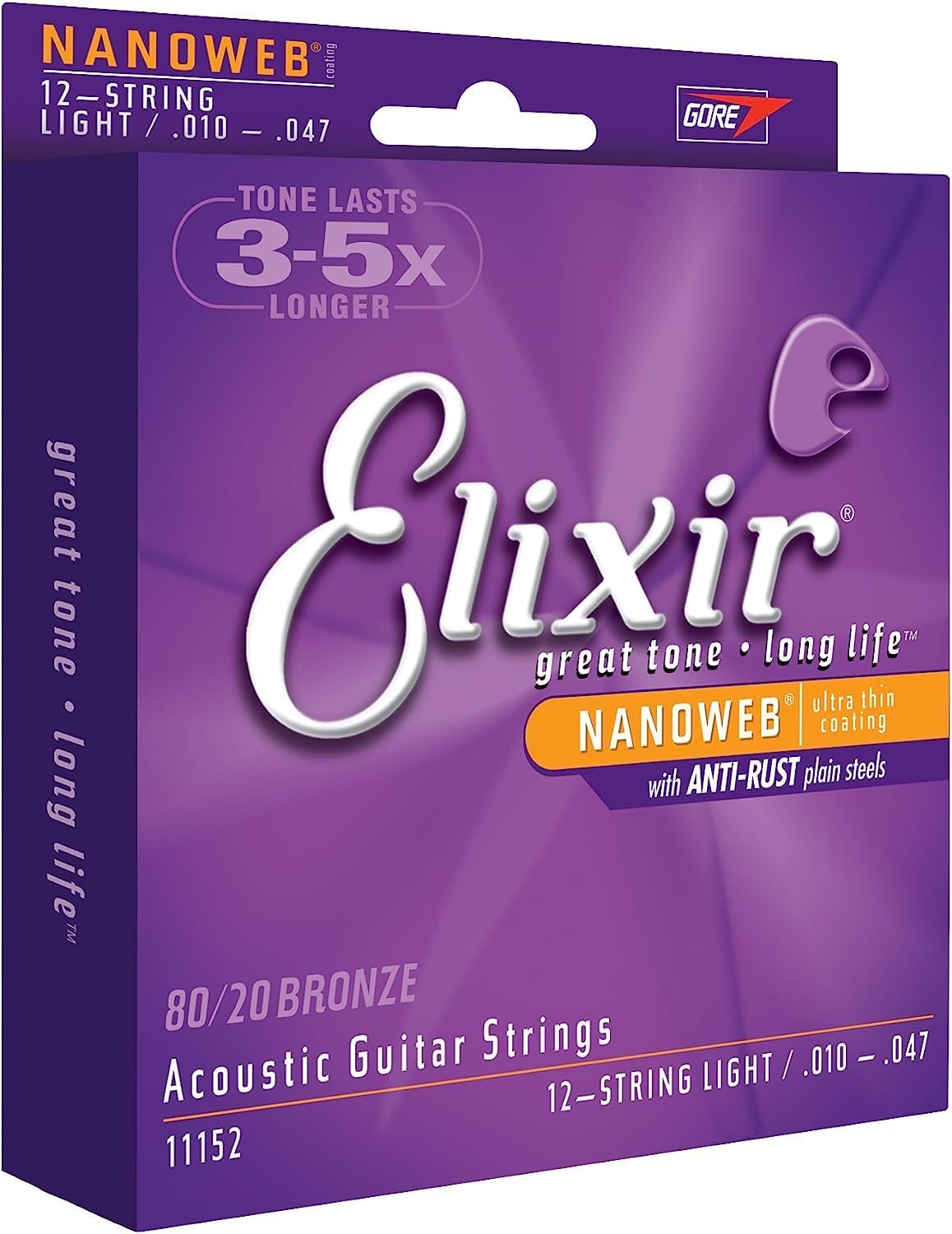 Elixir Strings - Acoustic 80/20 Bronze with NANOWEB Coating - Elixir Acoustic Guitar Strings - 12 String Light (.010-.047)