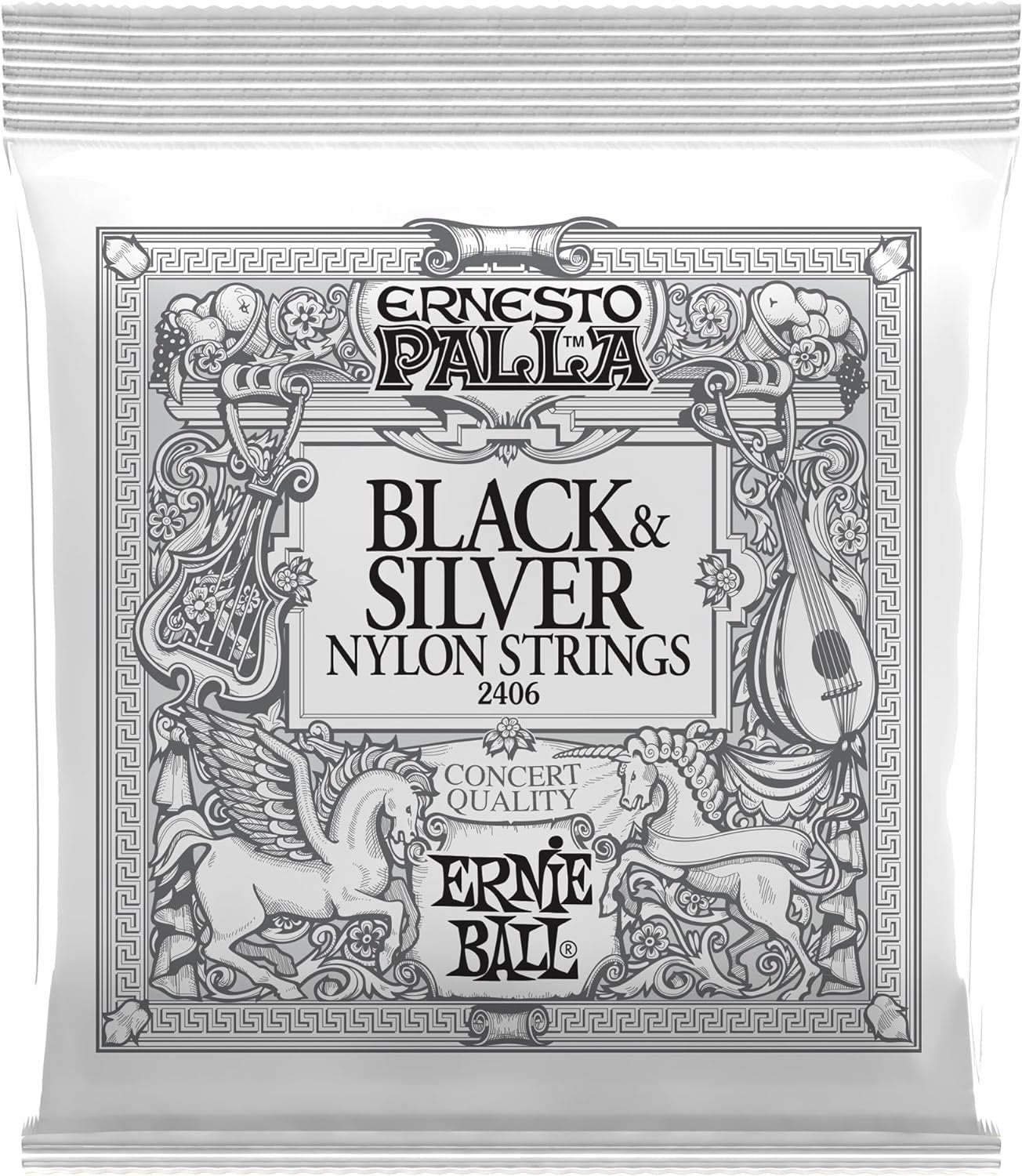 Ernie Ball Ernesto Palla Black & Silver Tie-On Nylon Classical Guitar Strings, 28-42 Gauge (P02406)