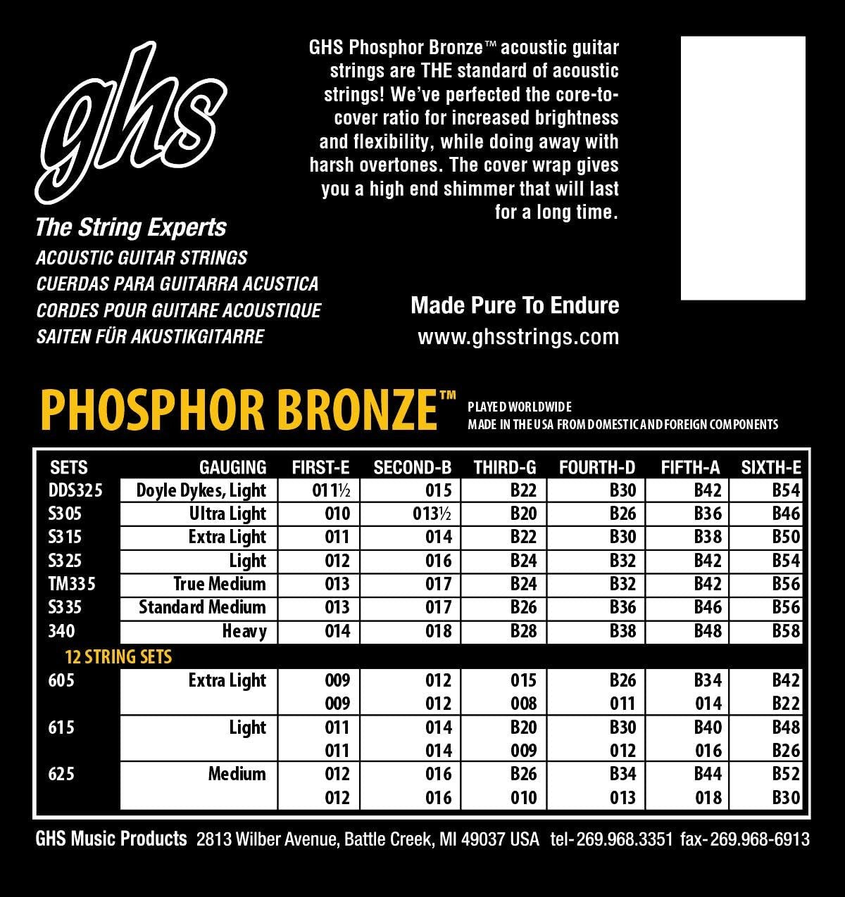 GHS Strings S315 Phosphor Bronze, Acoustic Guitar Strings, Extra Light (11-50)