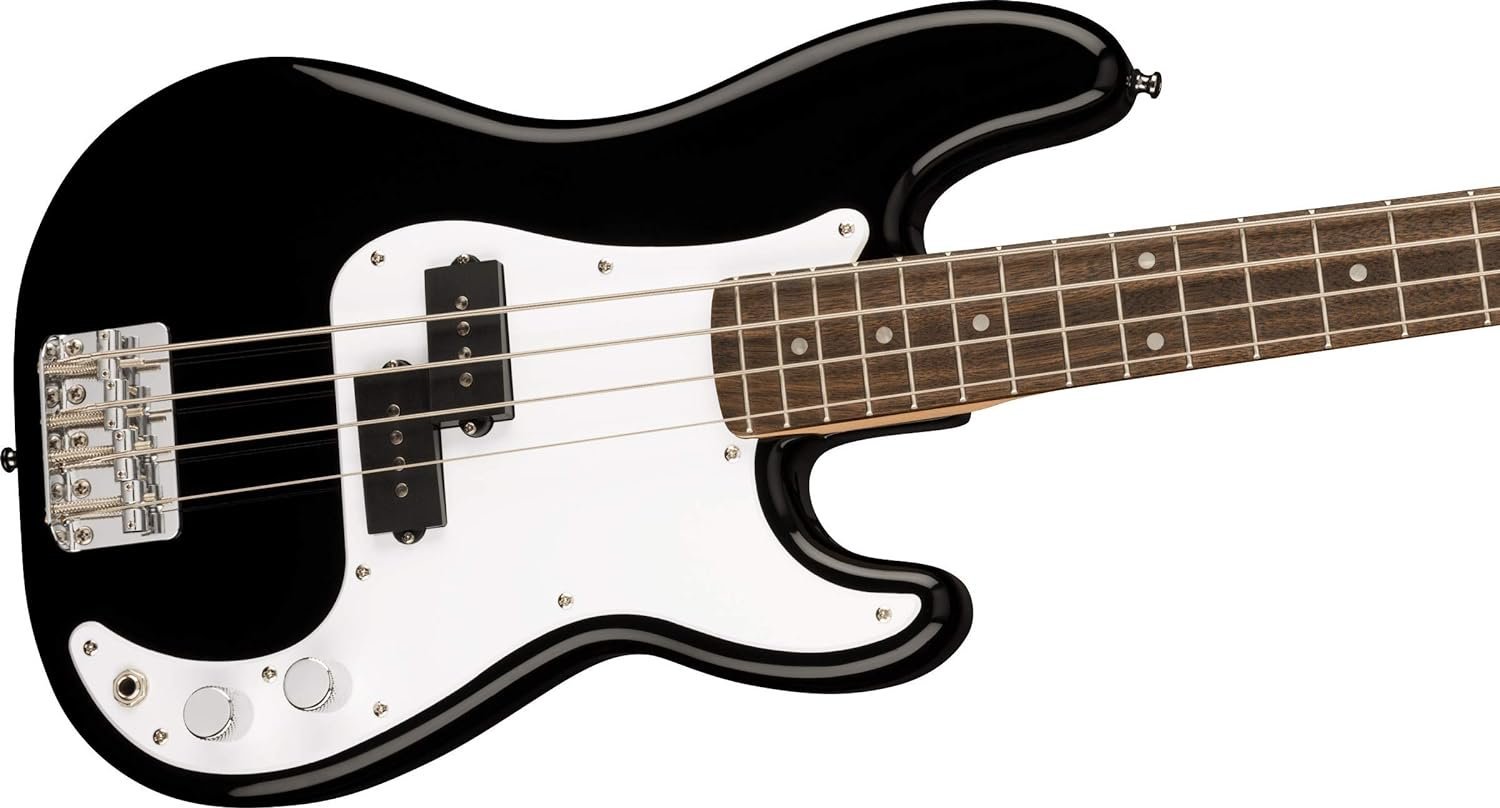 Squier by Fender Mini Precision Short Scale Bass Guitar with 2-Year Warranty, Laurel Fingerboard, Sealed Die-Cast Tuning Machines, and Split Single-Coil Pickup, Maple Neck, Black