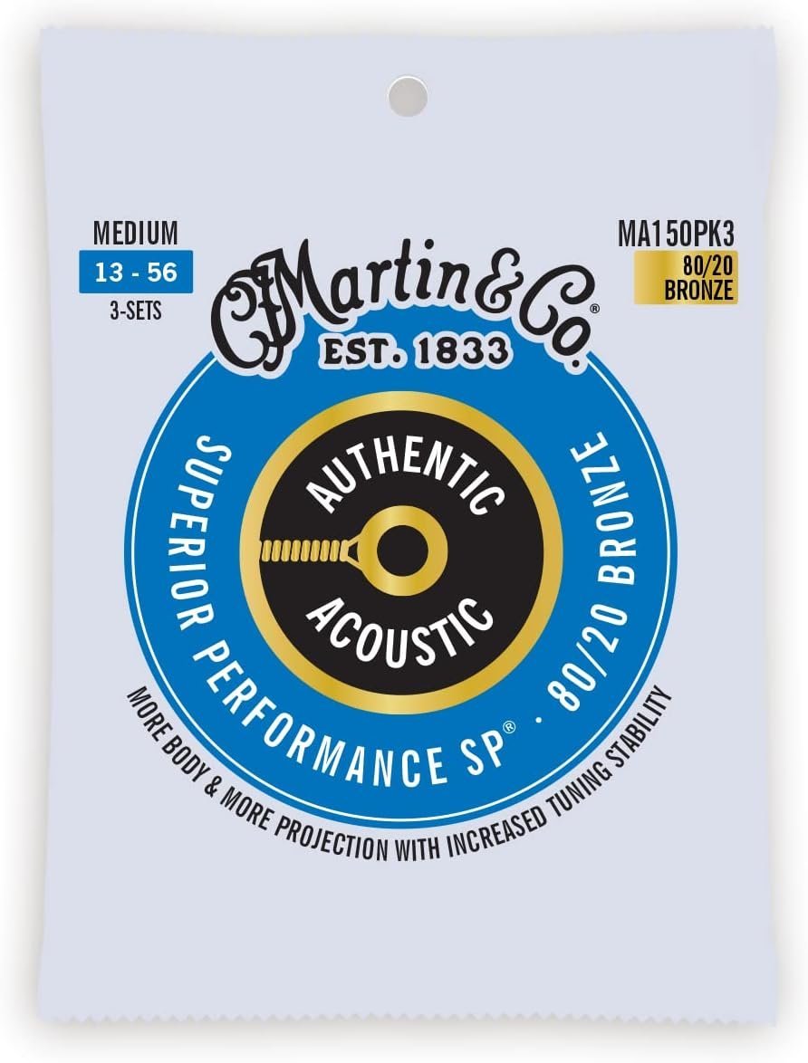 Martin Authentic Acoustic Guitar Strings, Superior Performance Medium 13-56, 80/20 Bronze, 3 Pack