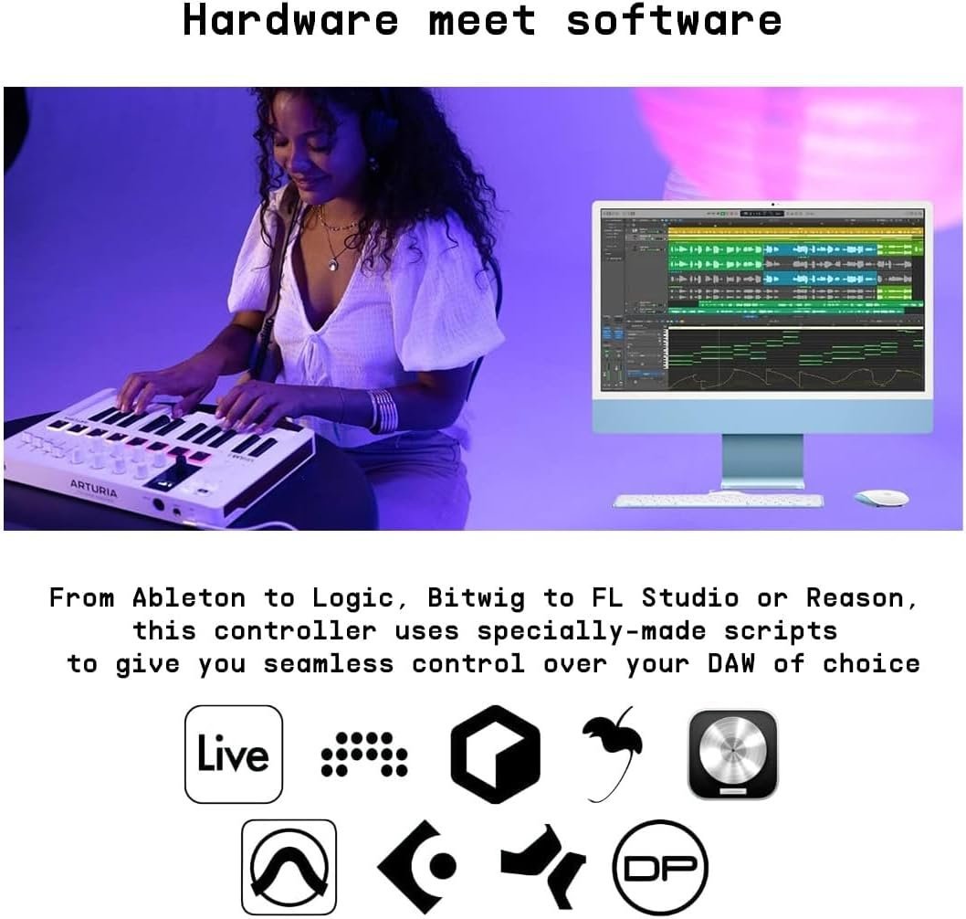 Arturia MiniLab 3 - Universal MIDI Controller for Music Production, with All-in-One Software Package - 25 Keys, 8 Multi-Color Pads - White