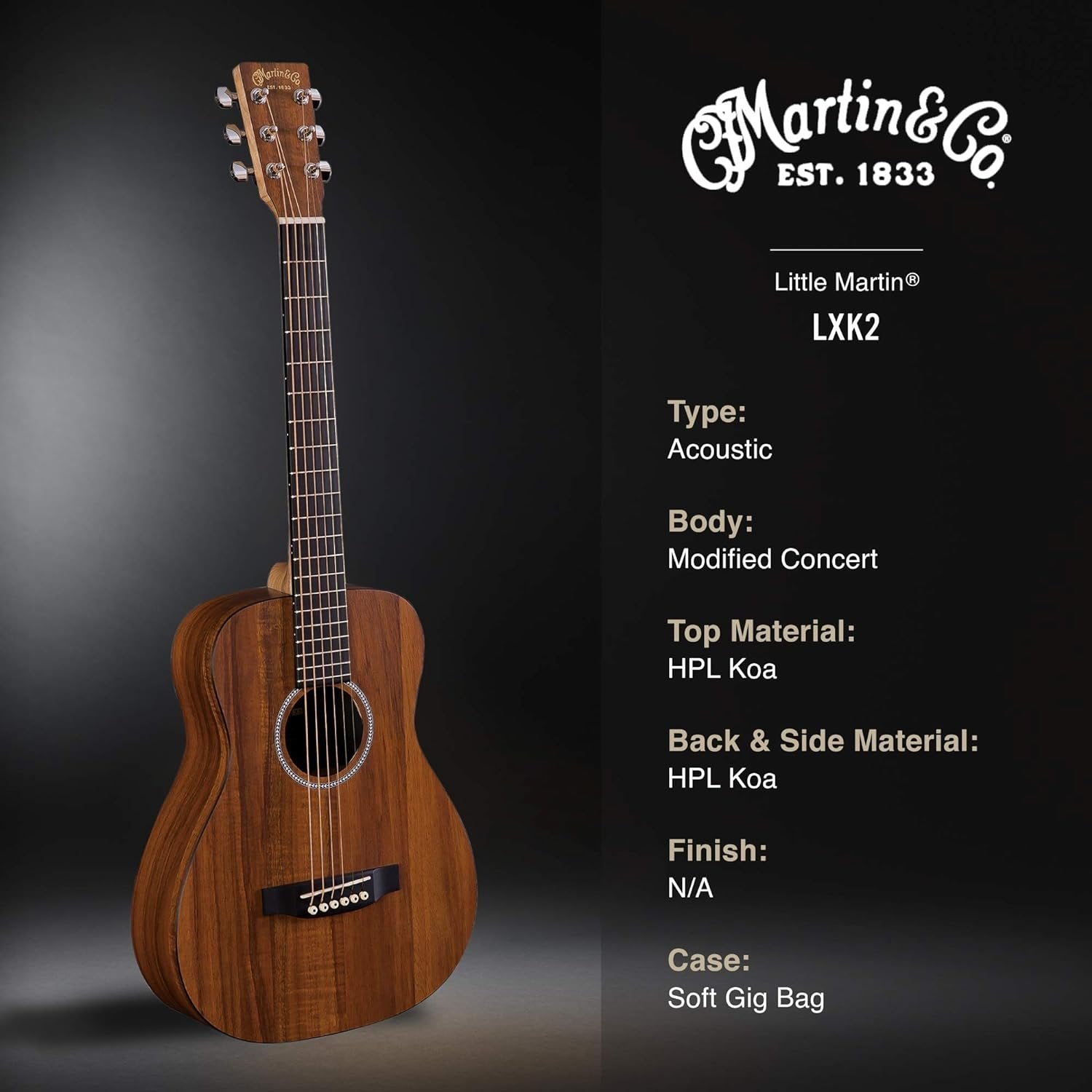 Martin LXK2 Acoustic Guitar with Gig Bag, Koa and Sitka Spruce HPL Construction, Modified 0-14 Fret, Modified Low Oval Neck Shape