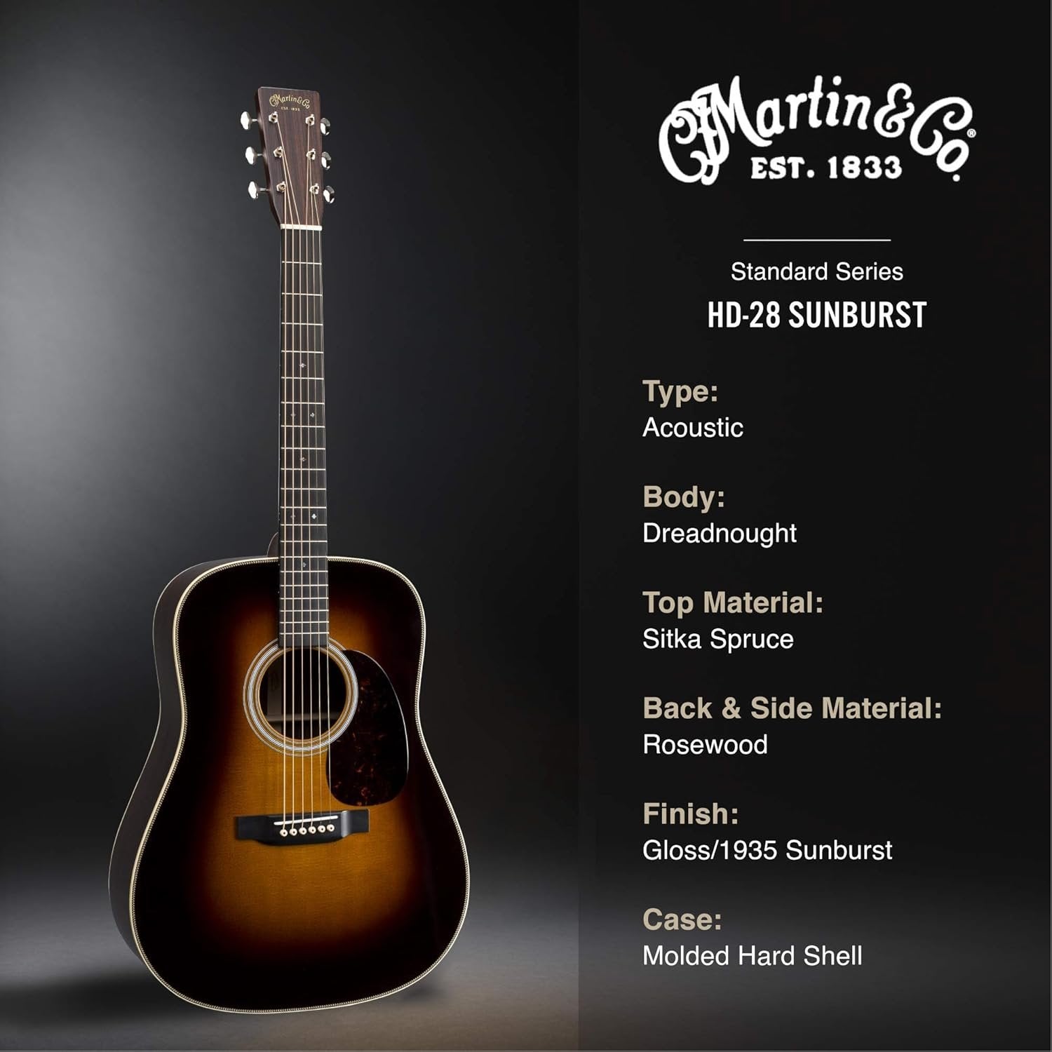 Martin Guitar Standard Series Acoustic Guitars, Hand-Built Martin Guitars with Authentic Wood HD-28 Sunburst