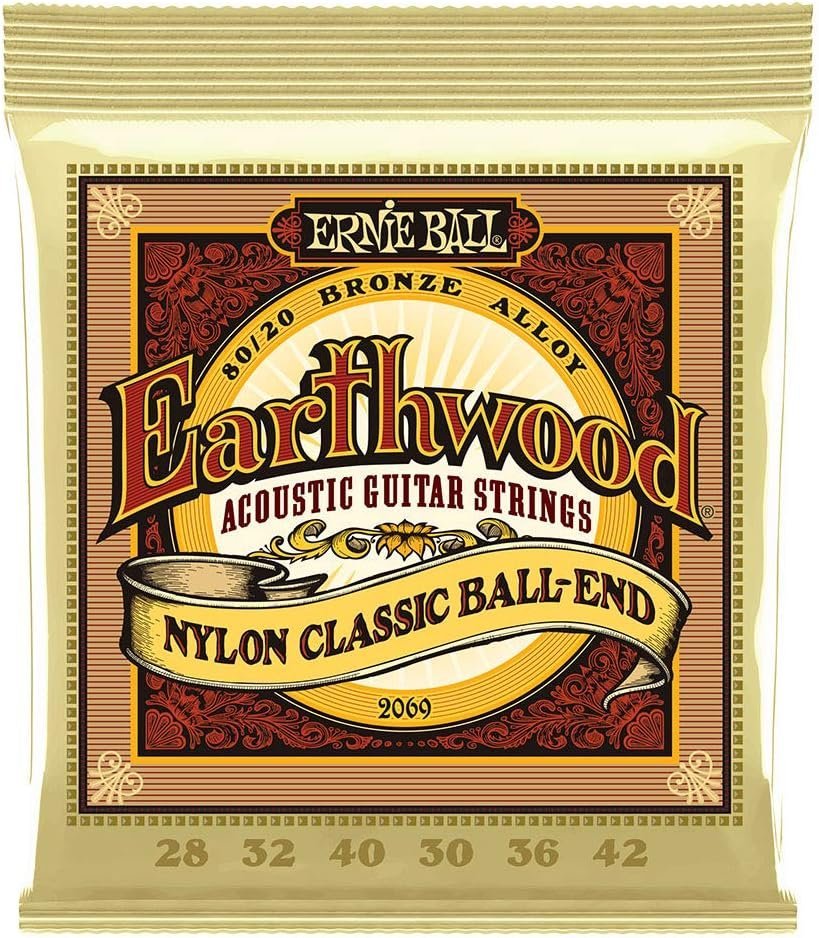 Ernie Ball Folk Nylon Clear & Gold Ball-End 80/20 Bronze Acoustic Guitar Strings, 28-42 Gauge (P02069)