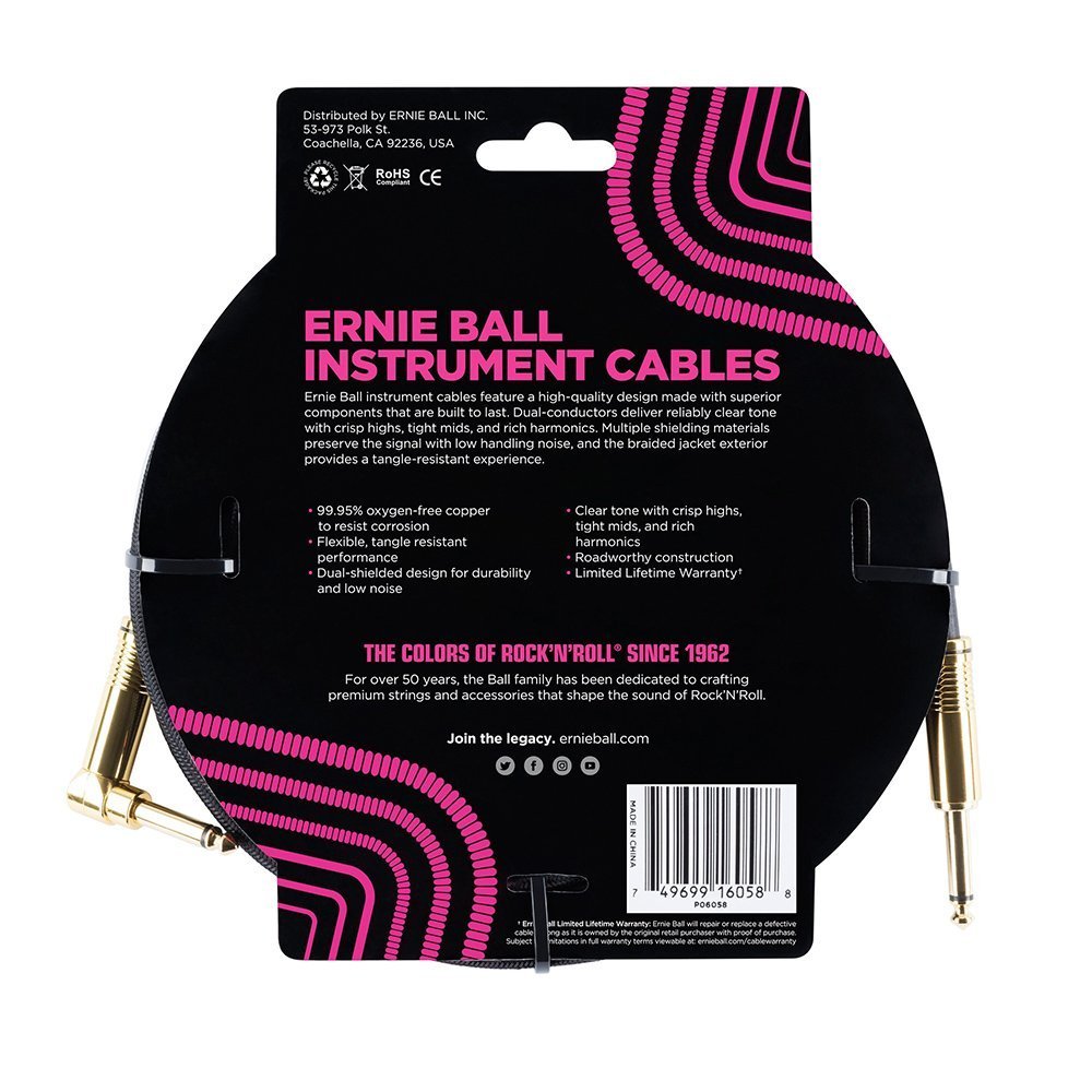Ernie Ball Braided Instrument Cable, Straight/Angle, 25ft, Black (P06058)