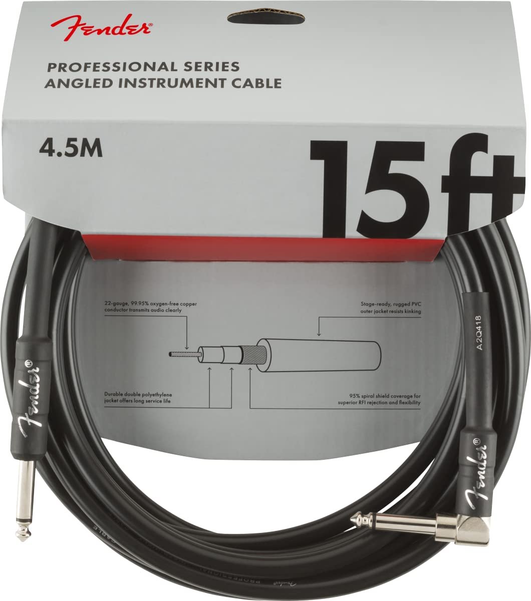 Fender Professional Series Instrument Cable, Guitar Cable, Guitar Accessories, Straight/Straight, Black, 15ft