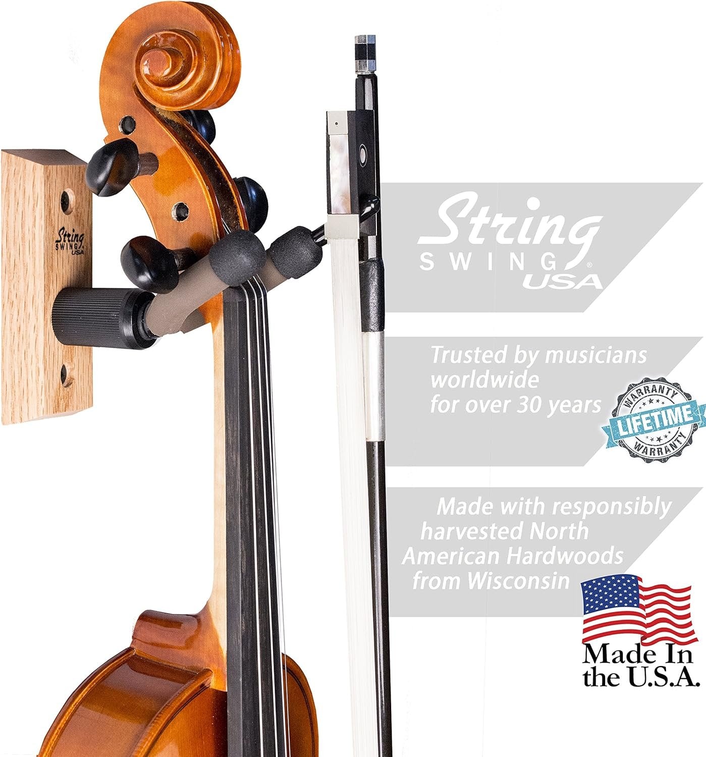 String Swing Violin Hanger Wooden Wall Mount for Home & Studio CC01V-O Hardwood Oak