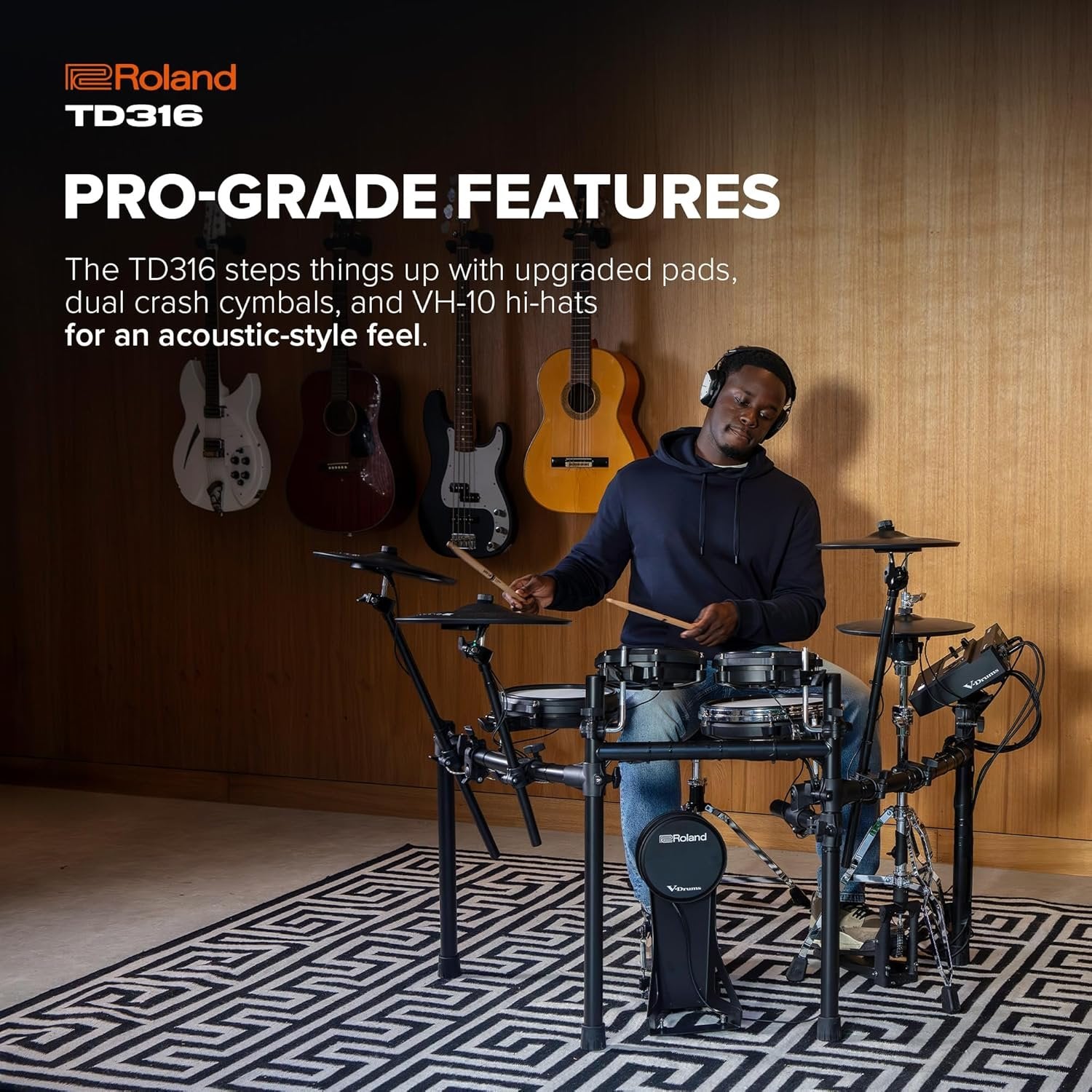 Roland TD316 V-Drums | Compact 3 Series Mid-Level V-Drum Kit | V31 Sound Module | Advanced Sound Technology | Upgraded Pads | Powerful Sensor Technology | Integrated Coach Mode | Expanded I/O Features