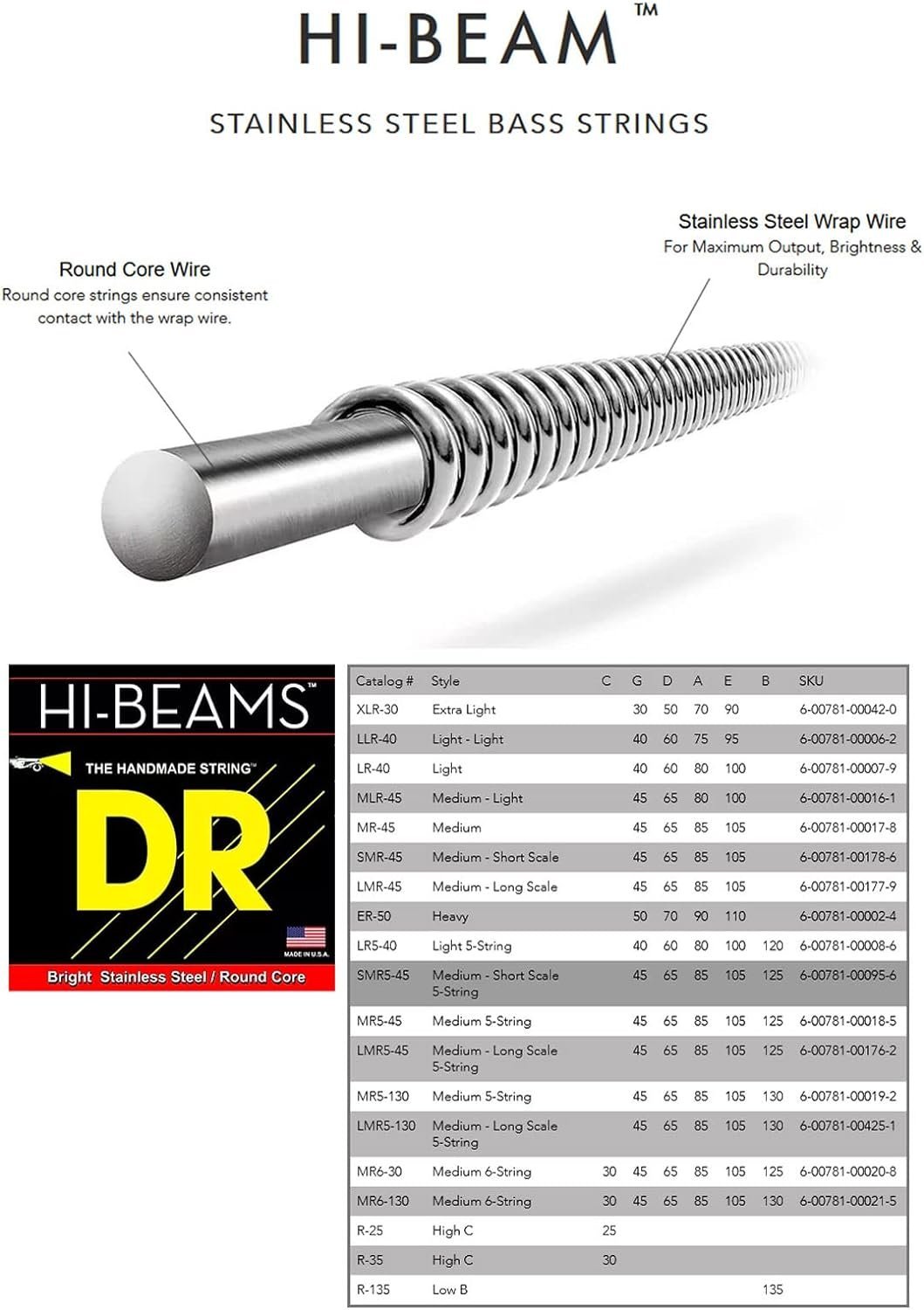 DR Strings HI-BEAMS - Stainless Steel 4-String Bass Guitar Strings, 45-105, Round Core