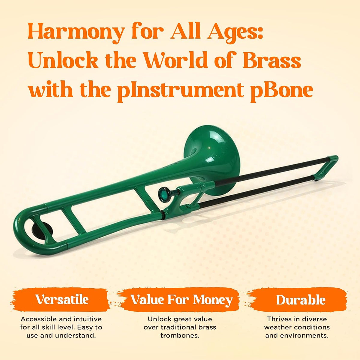 pBone Bb Plastic Trombone - Lightweight pInstruments Design with Ergonomic Grip & Carrying Bag - Authentic Bb Sound for Students & Beginners - Durable ABS - Green