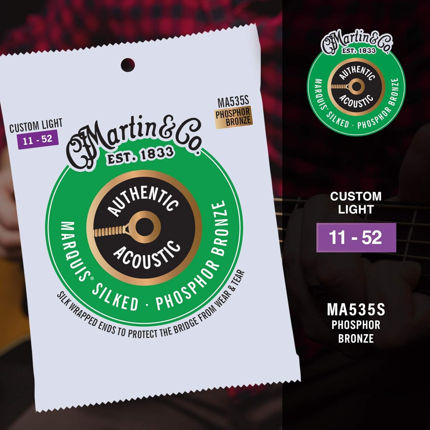 Martin Authentic Acoustic® Marquis® Silked Guitar Strings – Phosphor Bronze, Custom Light Gauge | Warm, Balanced Tone with Bridge Protection | Silk-Wrapped Ball Ends