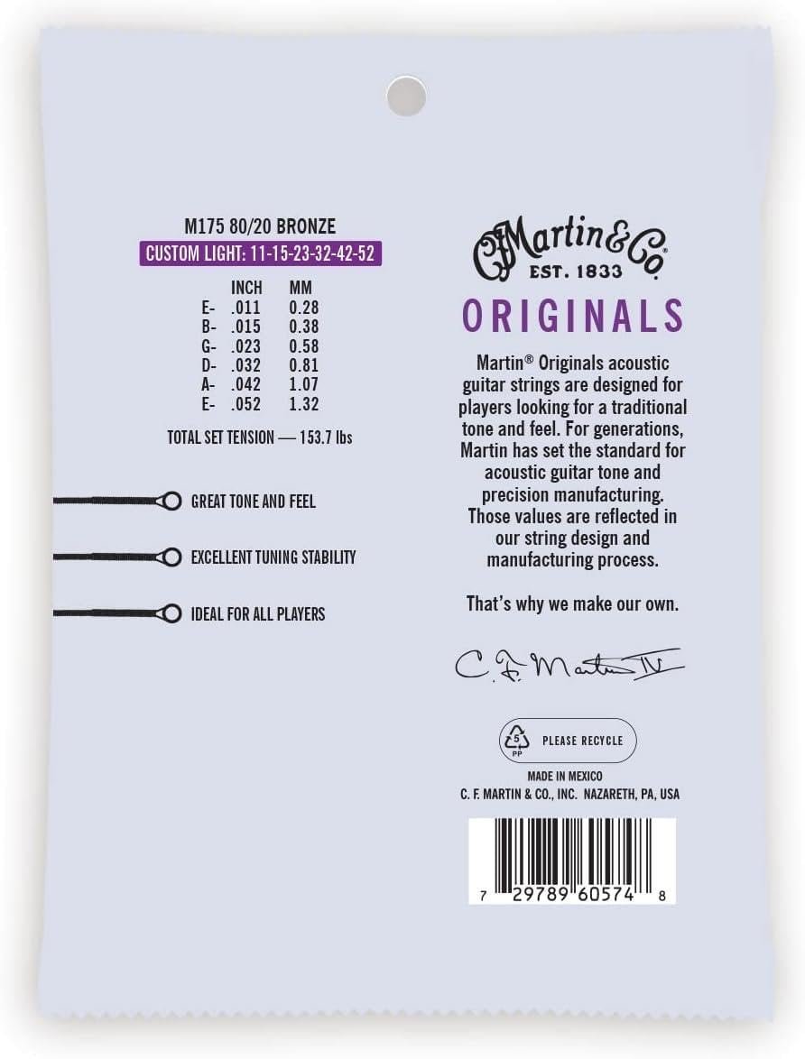 Martin Originals M175 Acoustic Guitar Strings, 80/20 Bronze Custom Light, (41Y20M175)