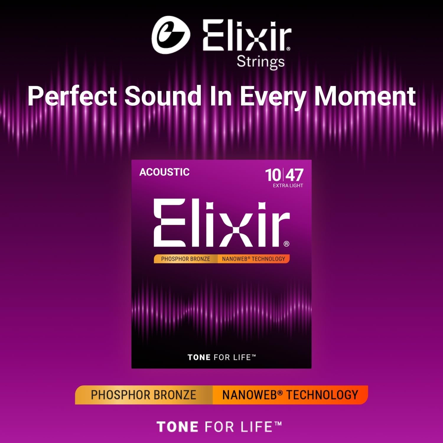 Elixir Strings, Acoustic Guitar Strings, Phosphor Bronze with NANOWEB Technology, Longest-Lasting Rich and Full Tone For Life with Comfortable Feel, 6 String Set, Extra Light 10-47
