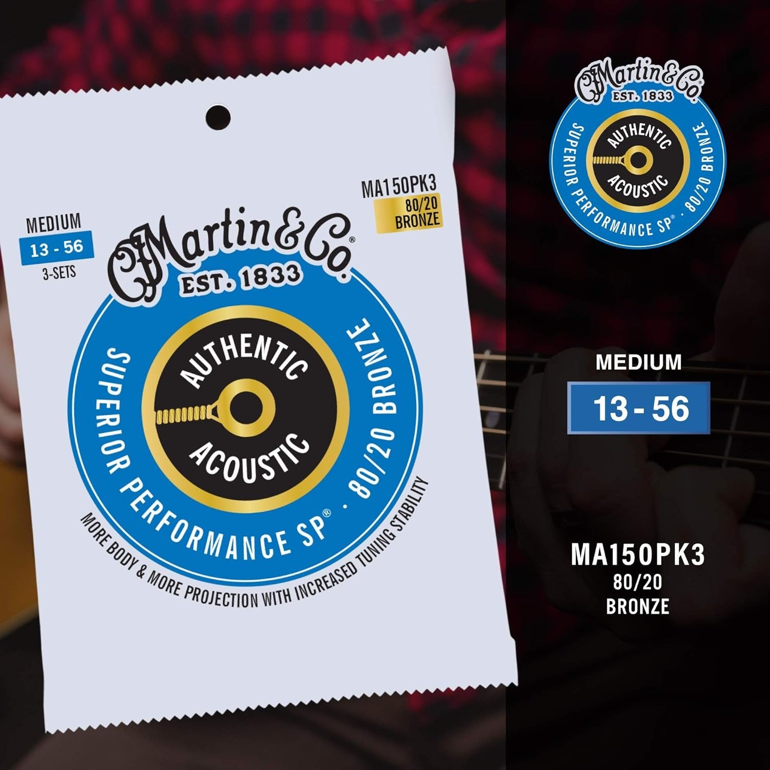 Martin Authentic Acoustic Guitar Strings, Superior Performance Medium 13-56, 80/20 Bronze, 3 Pack