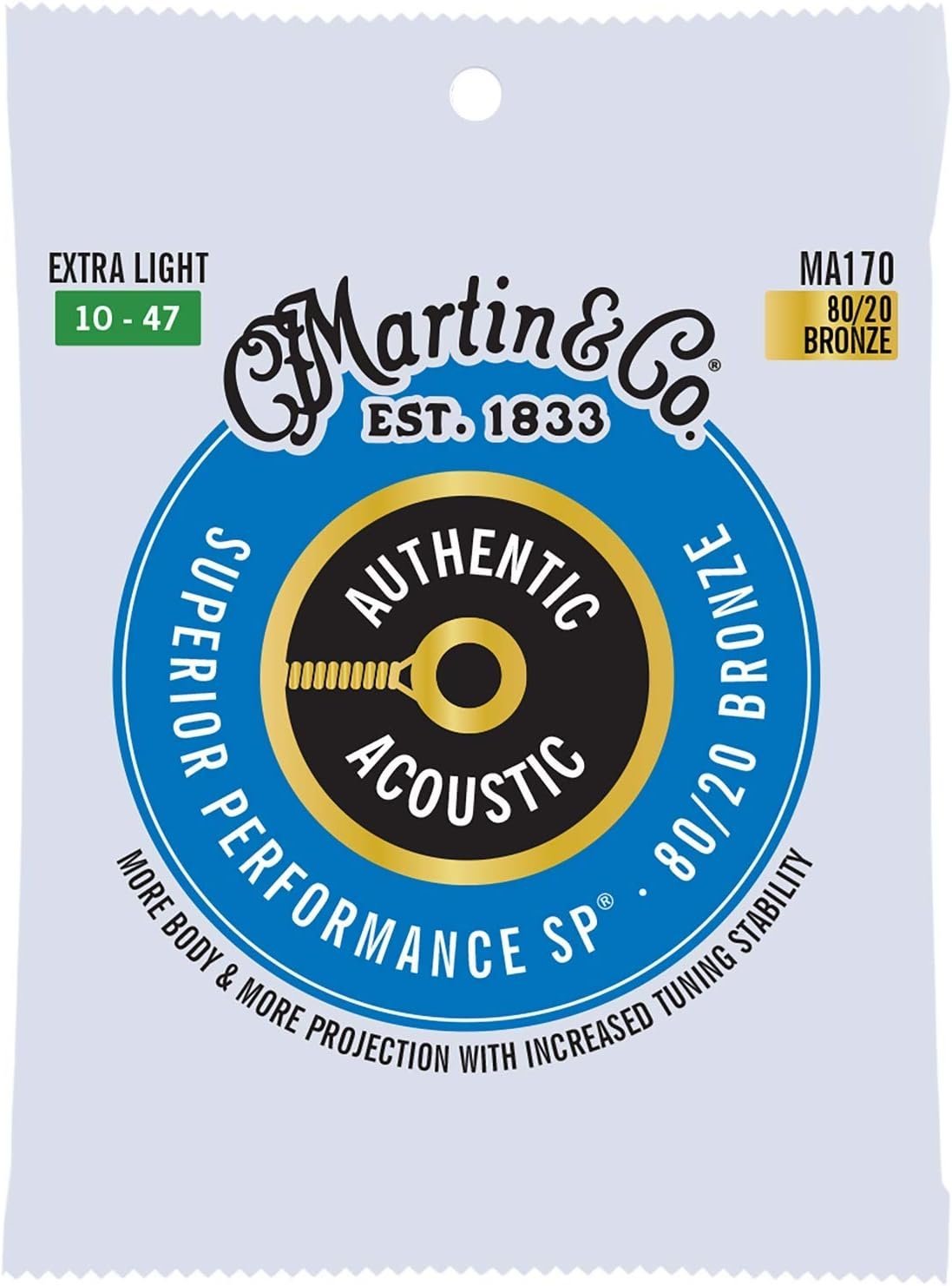 Martin Authentic Acoustic Guitar Strings, Superior Performance Extra Light 10-47, 80/20 Bronze