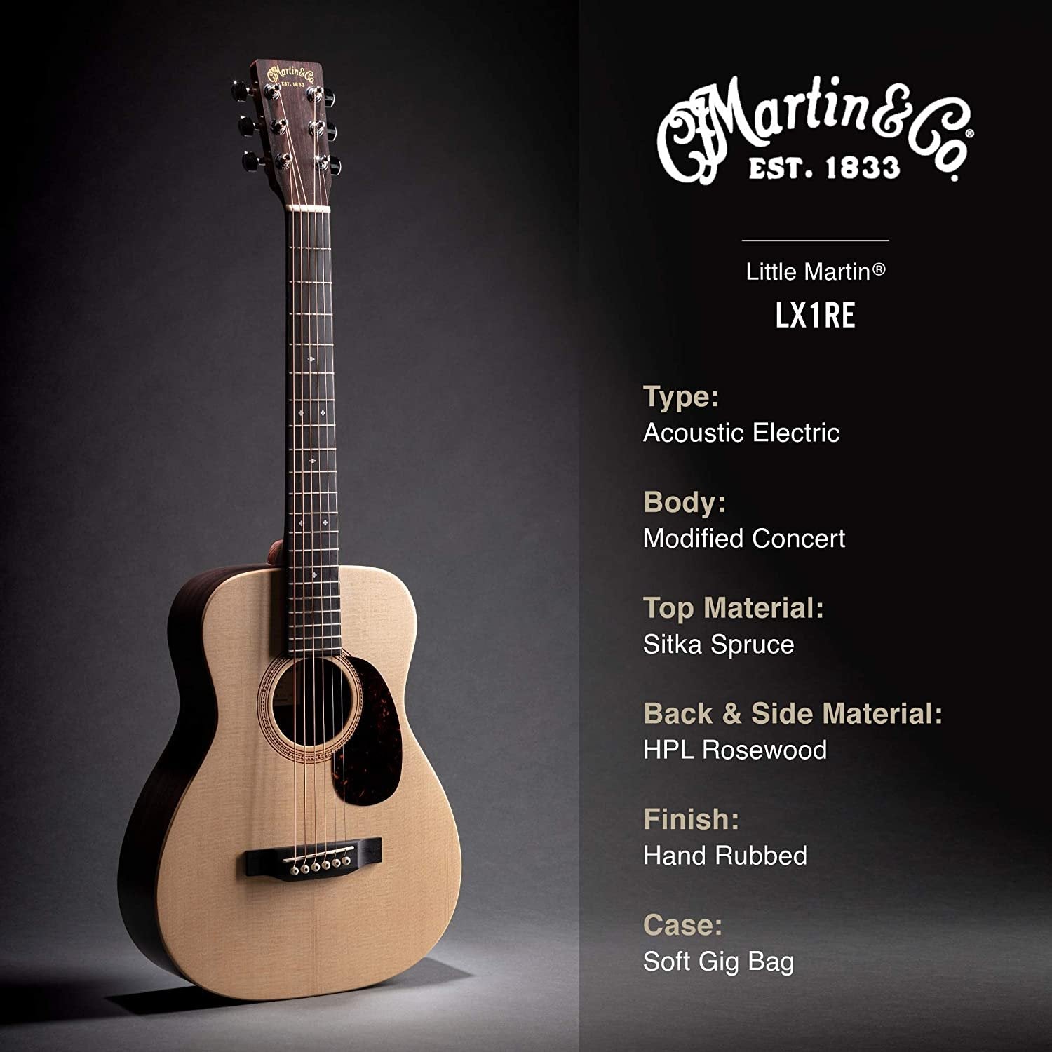 Little Martin LX1RE Acoustic-Electric Guitar with Gig Bag, Sitka Spruce and Rosewood Pattern HPL Construction, Modified 0-14 Fret, Modified Low Oval Neck Shape