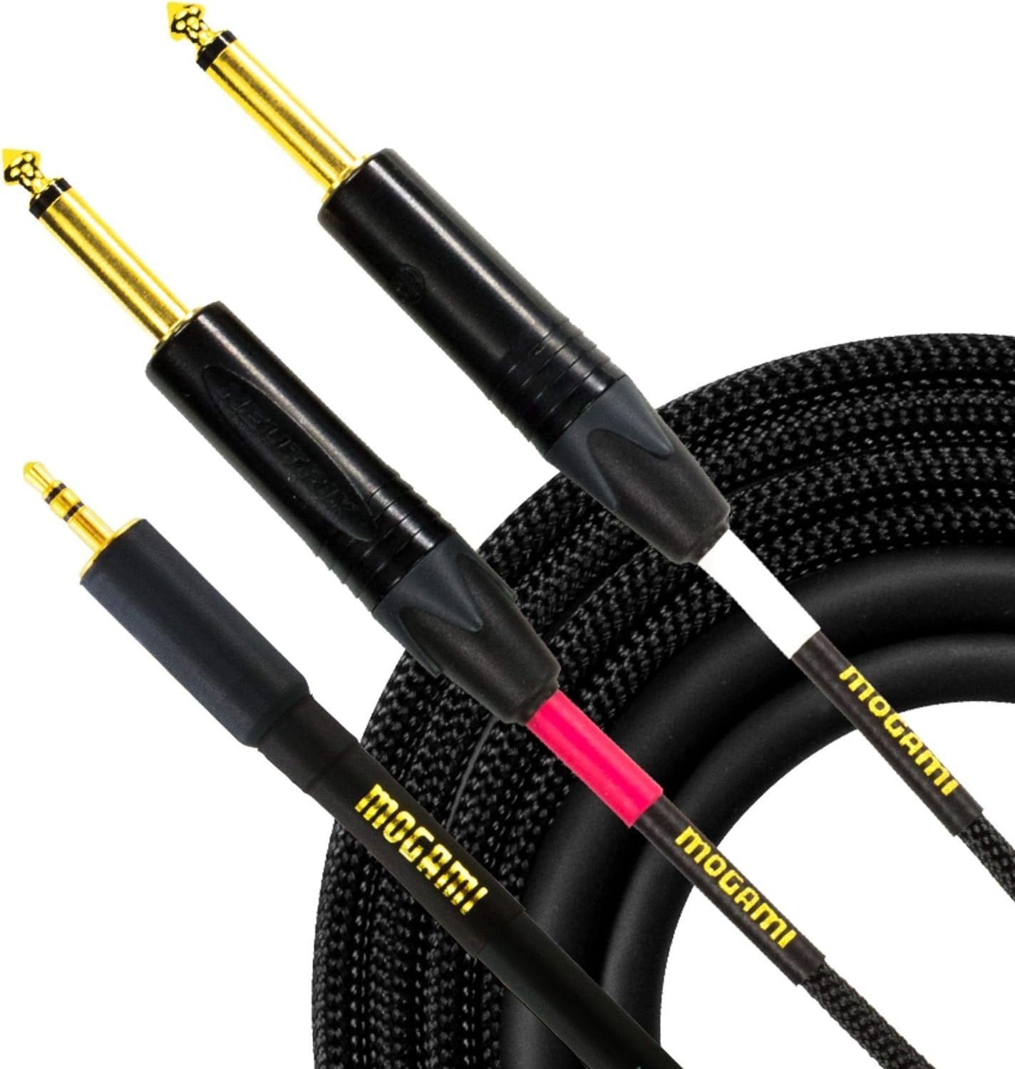 Mogami Gold 3.5-2TS-20 Stereo Audio Y-Adapter Cable, 3.5mm TRS Plug to Dual 1/4" TS Plugs, Gold Contacts, Straight Connectors, 20 Foot.