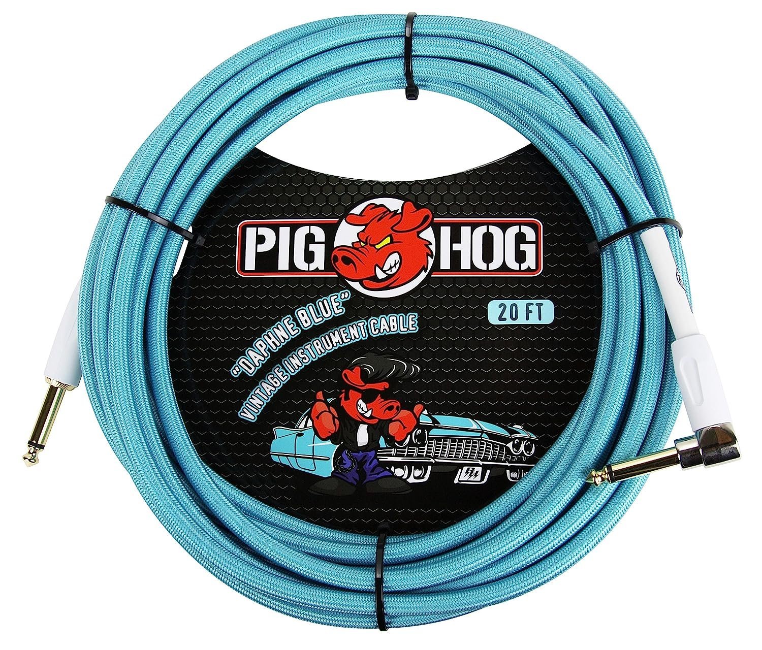 Pig Hog PCH20DBR Right-Angle 1/4" to 1/4" Daphne Blue Guitar Instrument Cable, 20 Feet