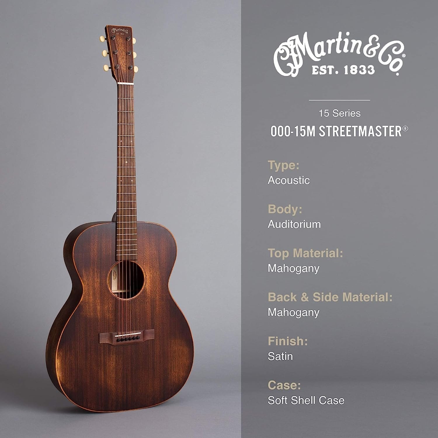 Martin Guitar 000-15M StreetMaster with Gig Bag, Acoustic Guitar for the Working Musician, Mahogany Construction, Distressed Satin Finish, 000-14 Fret, and Low Oval Neck Shape