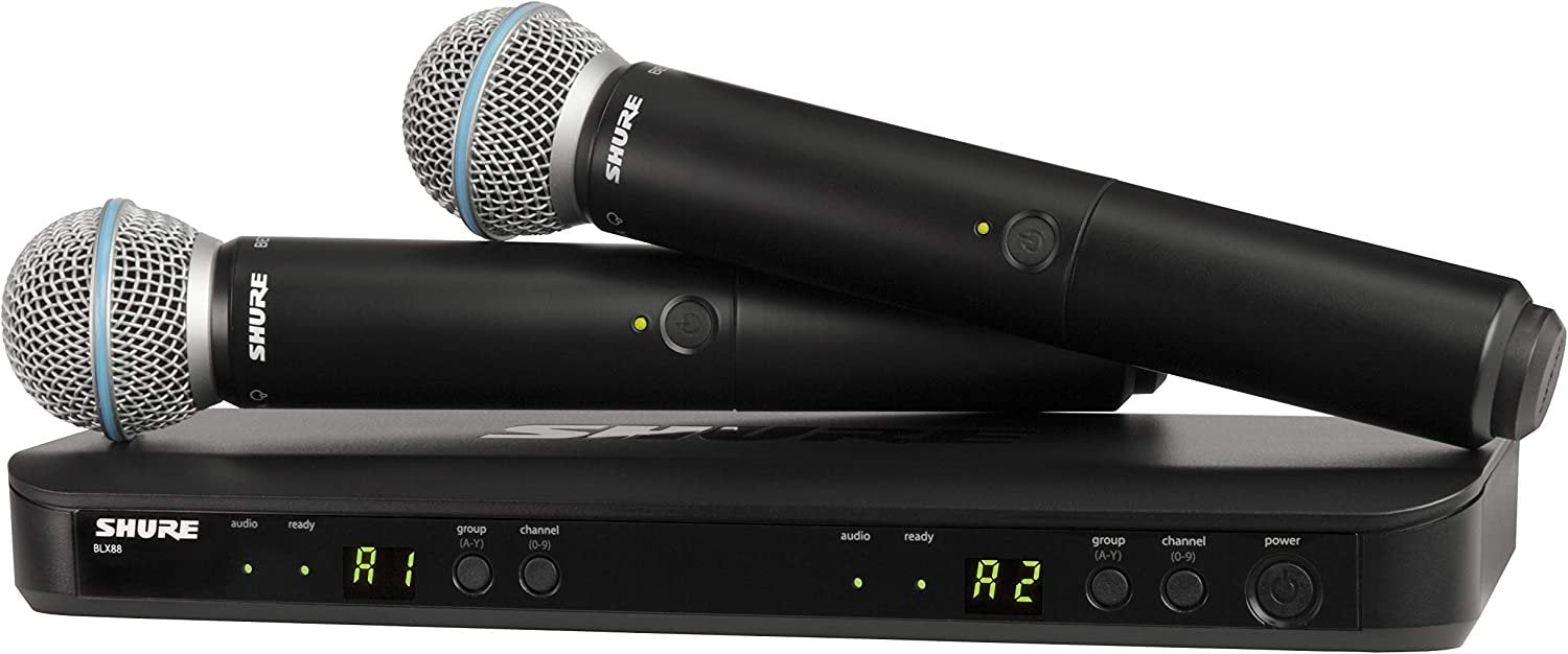 Shure BLX288/B58 Wireless Microphone System for Two Vocalists with BLX88 Dual Channel Receiver and 2X BLX2 Handheld Transmitters with BETA 58A Mic Capsules Optimized for Lead Vocals - H10 Band