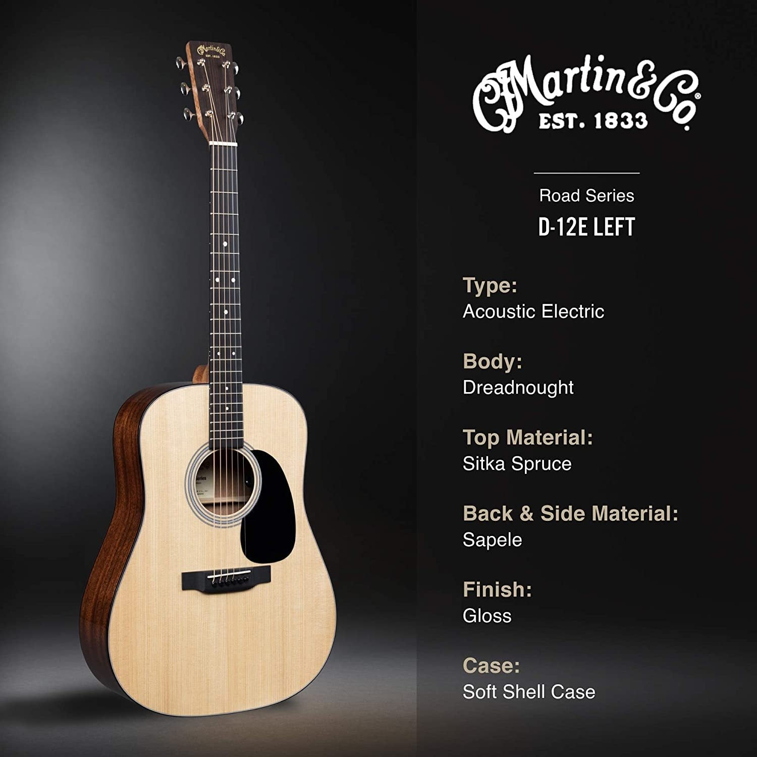 Martin Guitar Road Series D-12E Acoustic-Electric Guitar with Gig Bag, Sitka Spruce and Sapele Construction, D-14 Fret and Performing Artist Neck Shape with High-Performance Taper