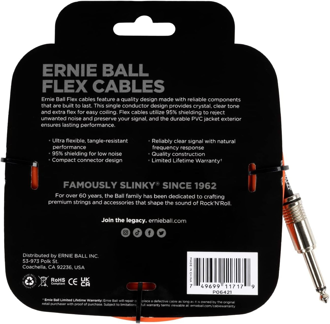 Ernie Ball Flex Instrument Cable Straight/Straight 20ft - Orange