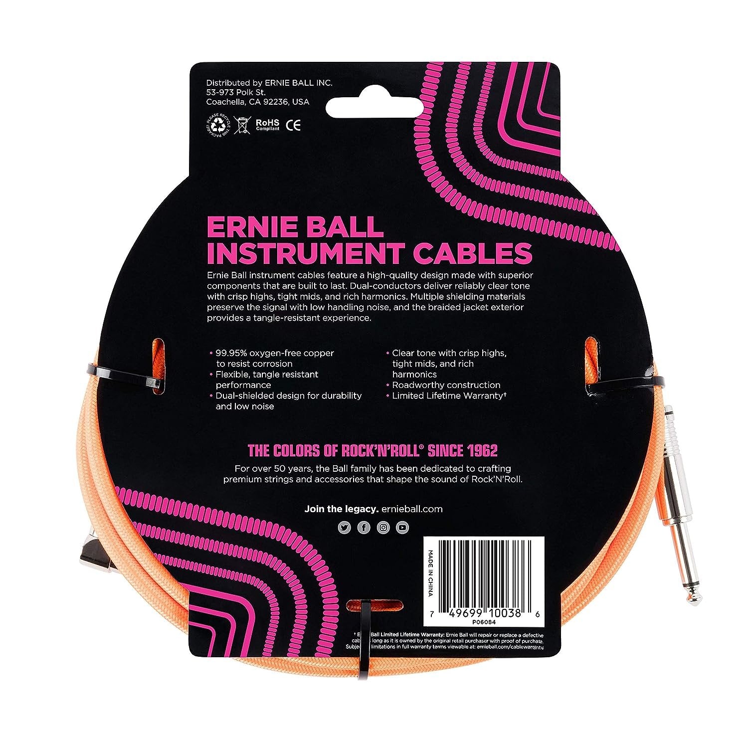 Ernie Ball Braided Instrument Cable, Straight/Angle, 18ft, Neon Orange (P06084)