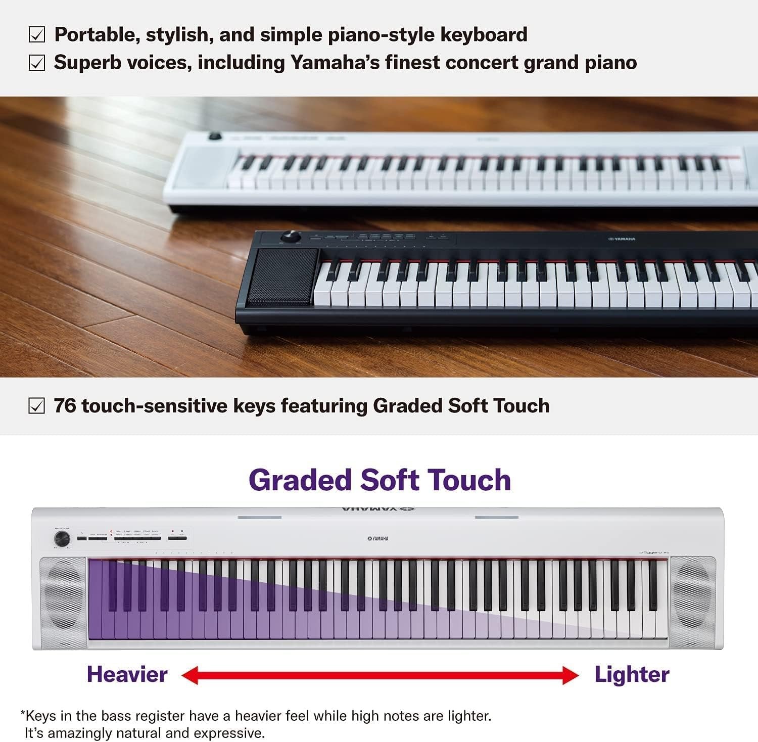 Yamaha NP32 76-Key Lightweight Portable Keyboard with PA130 Power Adapter, White
