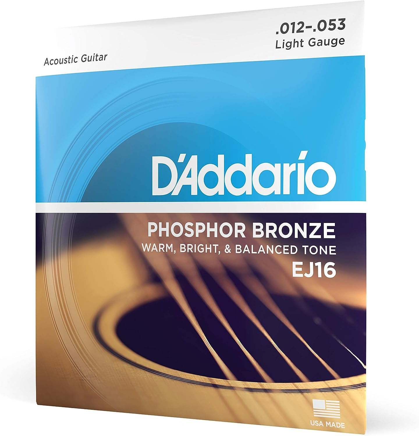 D'Addario Guitar Strings - Phosphor Bronze Acoustic Guitar Strings - EJ16 - Rich, Full Tonal Spectrum - For 6 String Guitars - 12-53 Light