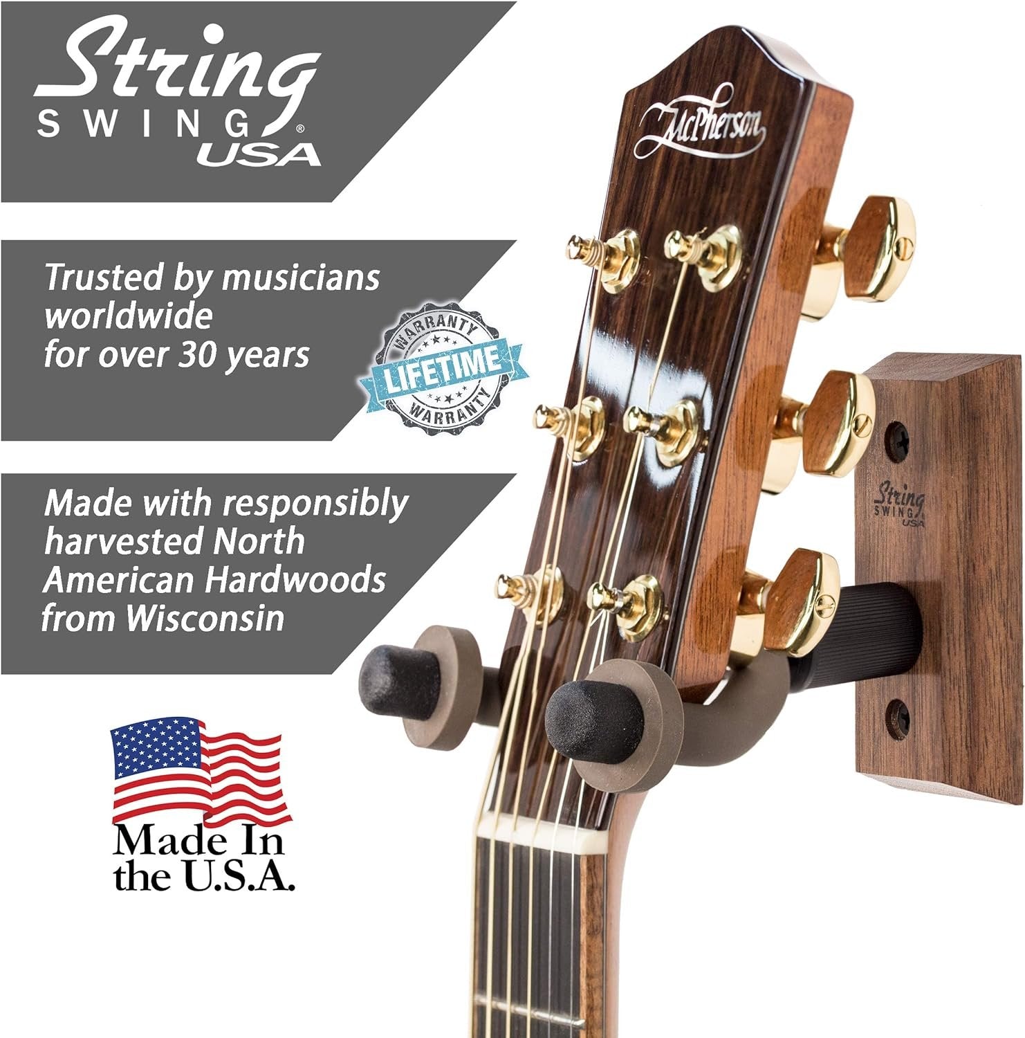 String Swing Guitar Hanger Wall Mount For Classical Guitars- Black Walnut CC01-BW Made in the USA
