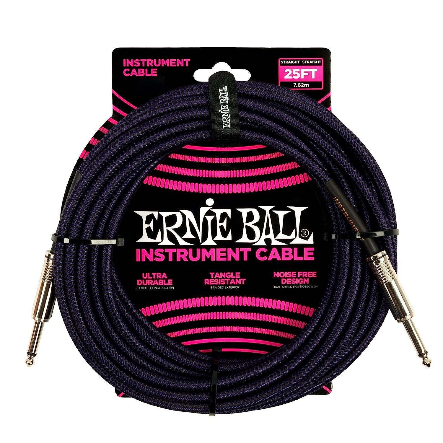 Ernie Ball Braided Instrument Cable, Straight Straight, 25ft, Purple/Black