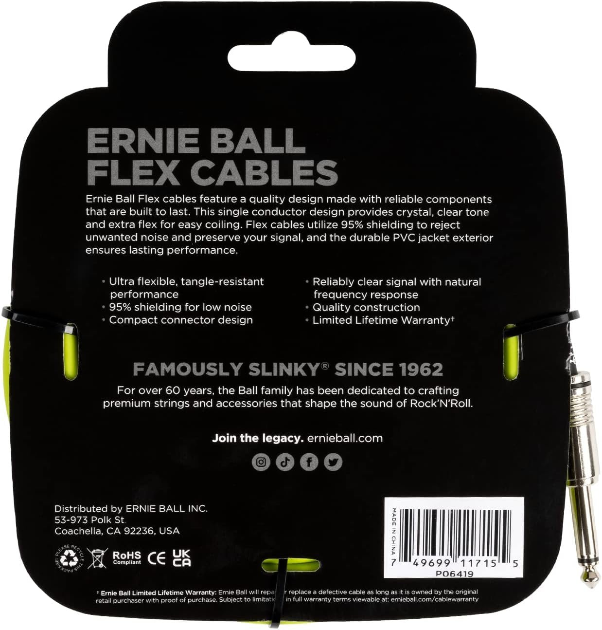 Ernie Ball Flex Instrument Cable Straight/Straight 20ft - Green