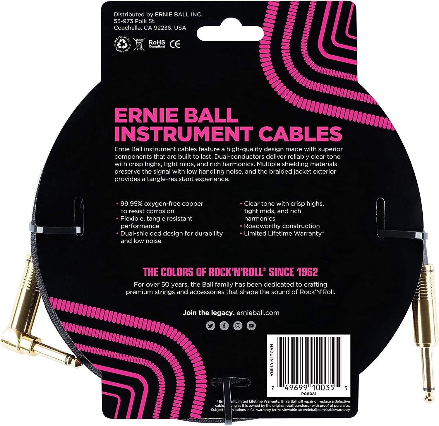 Ernie Ball Braided Instrument Cable, Straight/Angle, 10ft, Black (P06081)