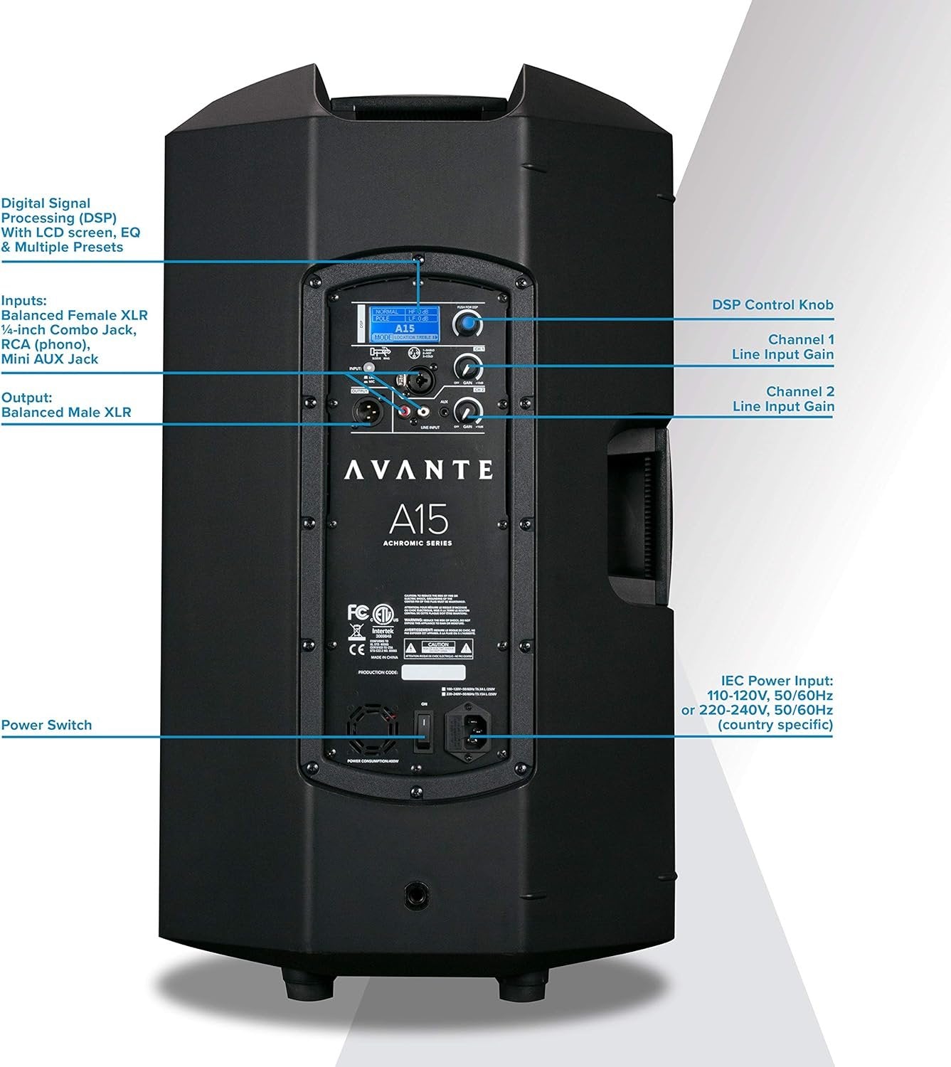 Avante A15 2-Way Active PA Speaker, 350W Loudspeaker with Integrated Digital Signal Processing (15")
