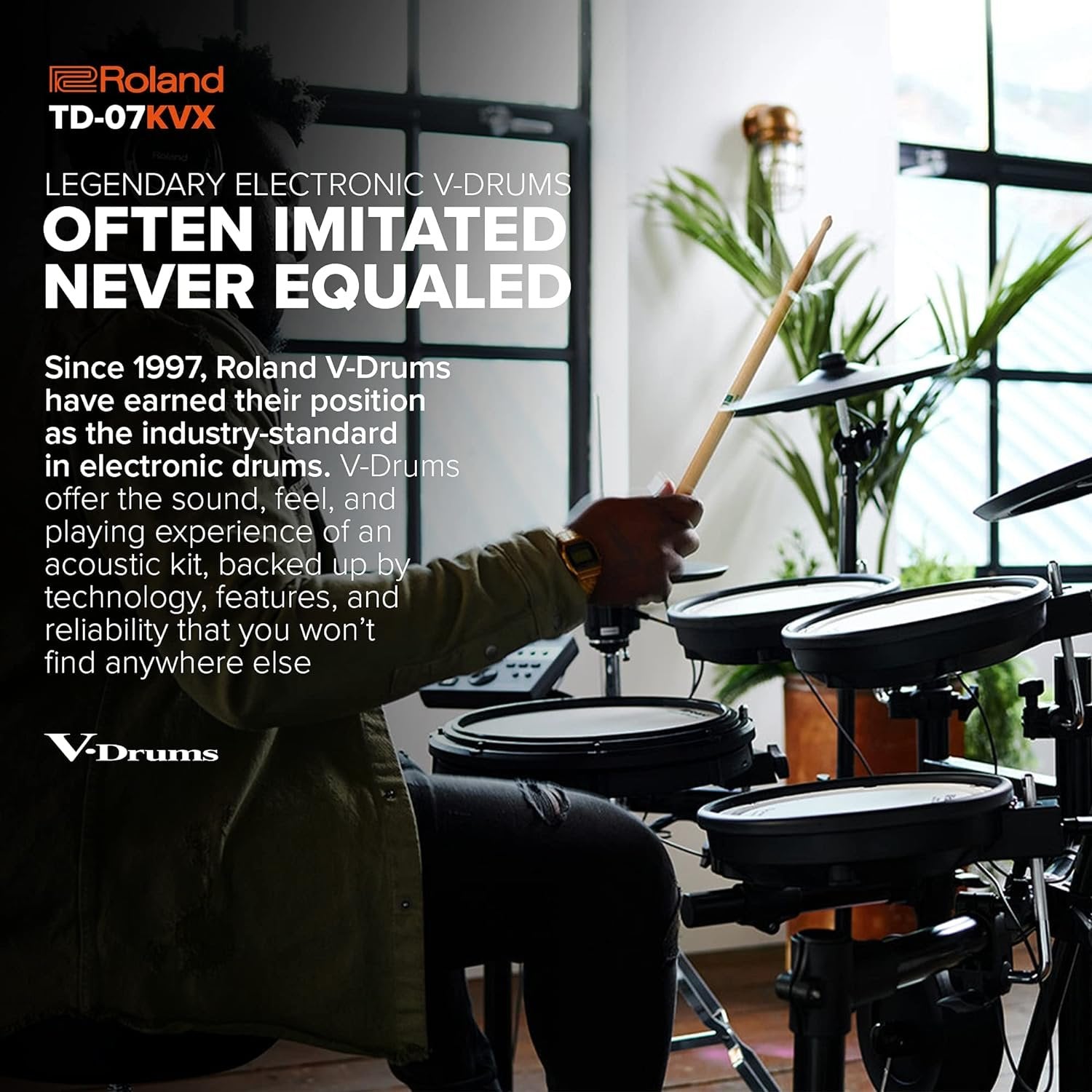 Roland TD-07KVX Electronic V-Drums Kit – with VH-10 Floating Hi-Hat and Best-Ever Cymbals – Bluetooth Audio & MIDI – 40 Free Melodics Lessons,Black