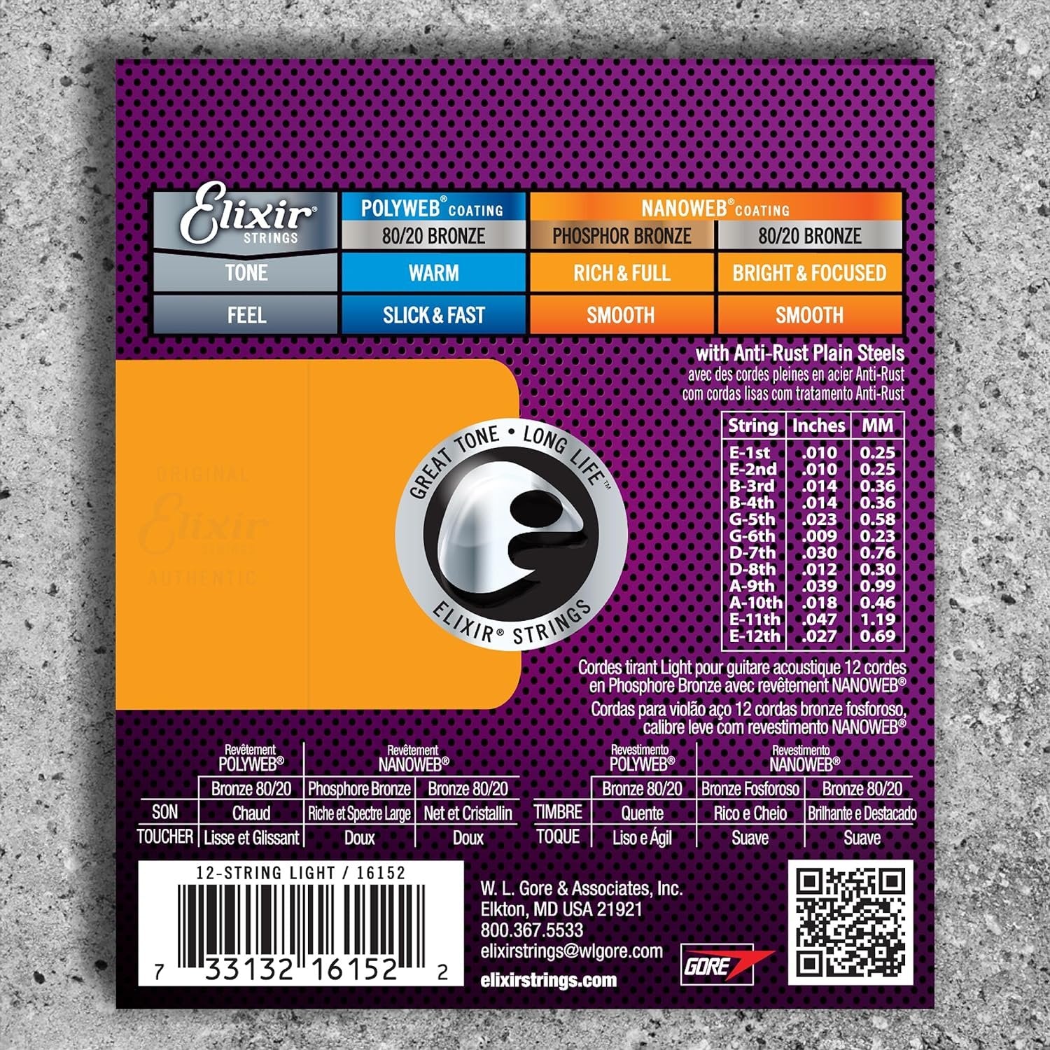 Elixir Strings - Acoustic Phosphor Bronze with NANOWEB Coating - Elixir Acoustic Guitar Strings - 12-String Light (.010-.047) 16152