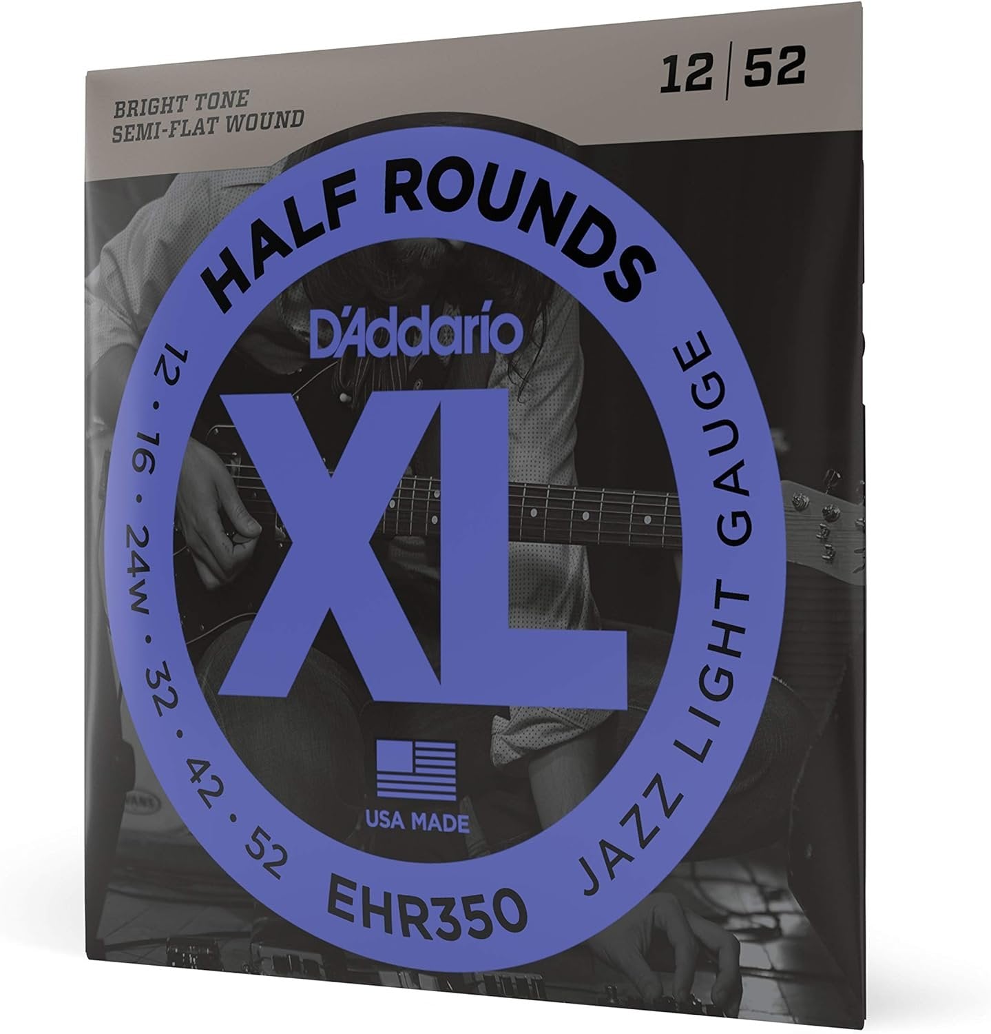 D'Addario Guitar Strings - XL Half Rounds Electric Guitar Strings - Semi-Flat Wound - Bright Tone, Smooth Feel, Reduced Finger Noise - EHR350 - Jazz Light, 12-52