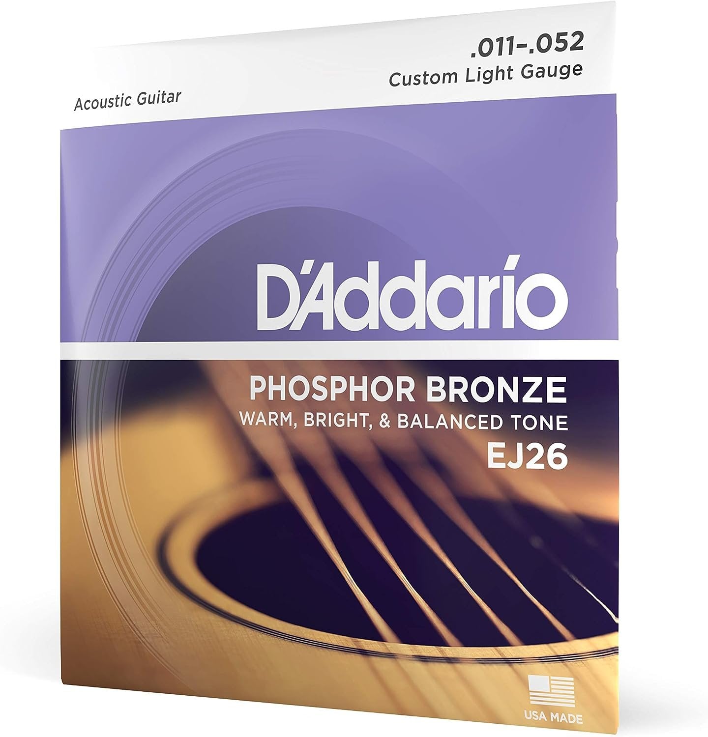 D'Addario Guitar Strings - Phosphor Bronze Acoustic Guitar Strings - EJ26 - Rich, Full Tonal Spectrum - For 6 String Guitars - 11-52 Custom Light