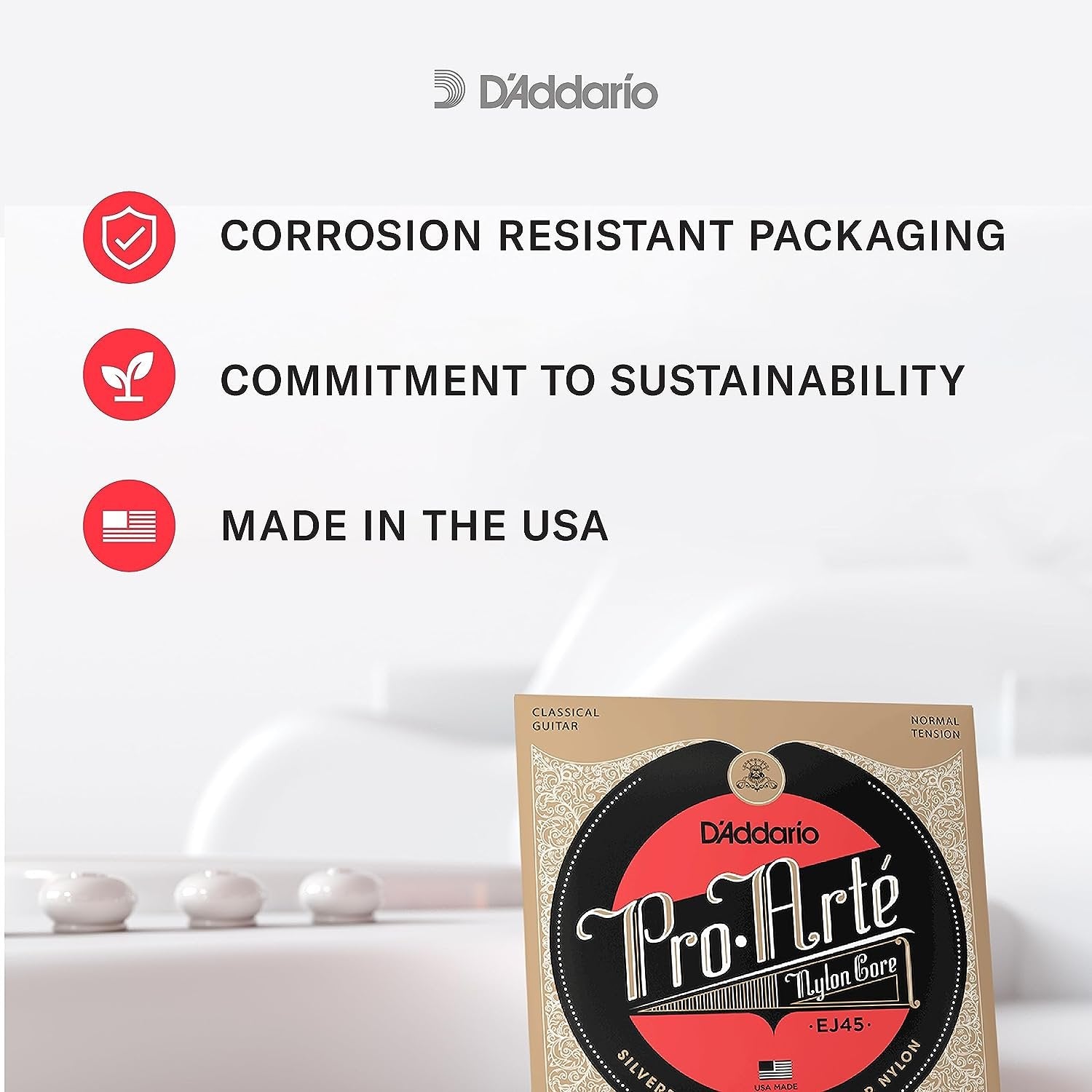 D'Addario Guitar Strings - Pro-Arte Classical Guitar Strings - EJ46 - Nylon Guitar Strings - Silver Plated Wound, Nylon Core - Hard Tension, 1-Pack