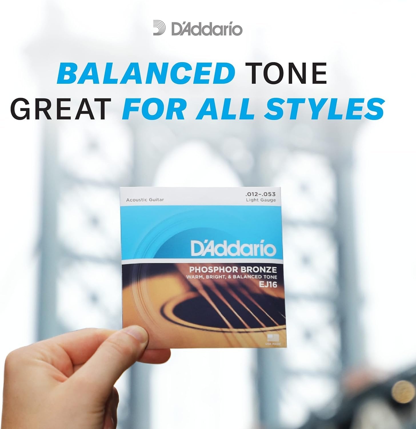 D'Addario Guitar Strings - Phosphor Bronze Acoustic Guitar Strings - EJ16 - Rich, Full Tonal Spectrum - For 6 String Guitars - 12-53 Light