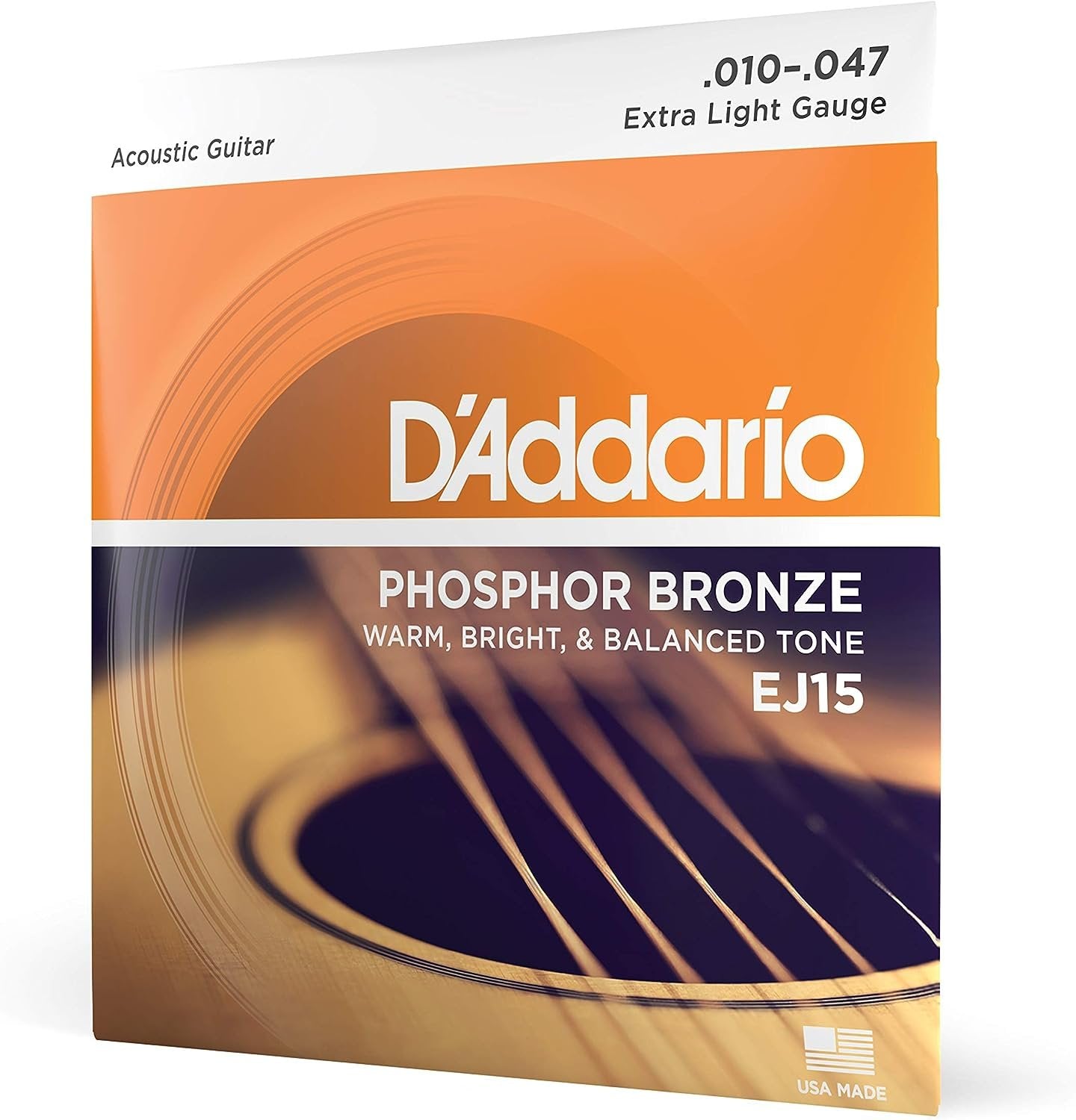 D'Addario Guitar Strings - Phosphor Bronze Acoustic Guitar Strings - EJ15 - Rich, Full Tonal Spectrum - For 6 String Guitars - 10-47 Extra Light